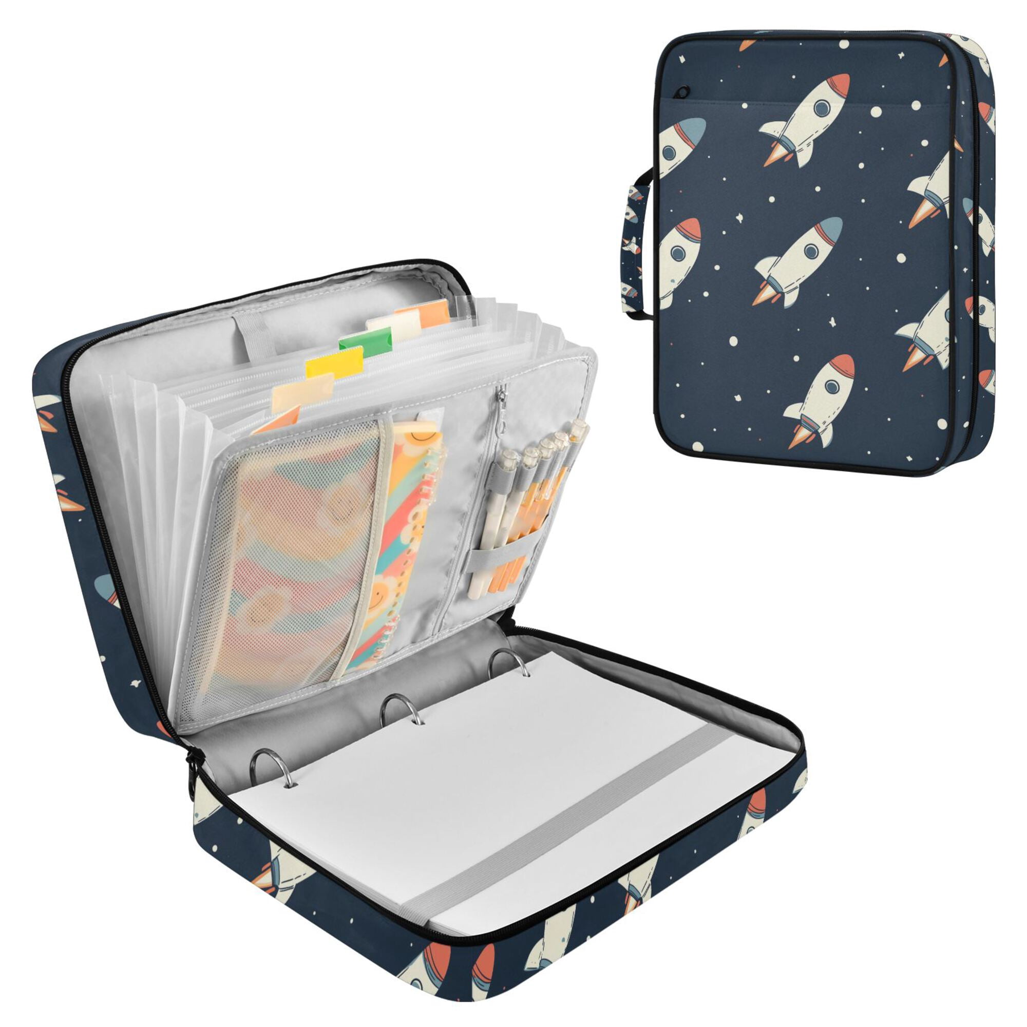 FORMRS Accordion File Folder A4 Size 7-Pocket Expanding Document Organizer Bag with 3 Ring Binder, Rocket Pattern