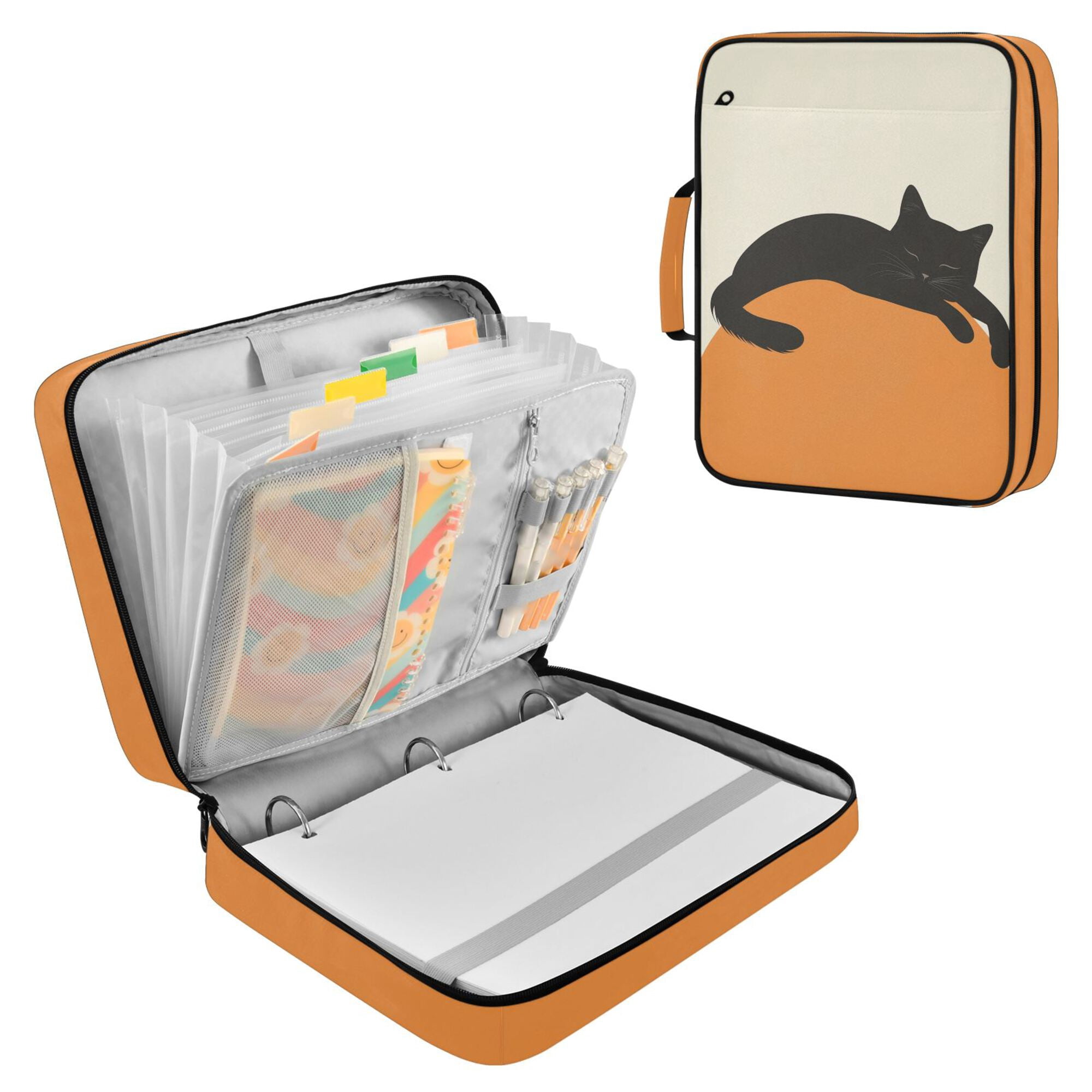 FORMRS Accordion File Folder A4 Size 7-Pocket Expanding Document Organizer Bag with 3 Ring Binder, Sleeping Black Cat