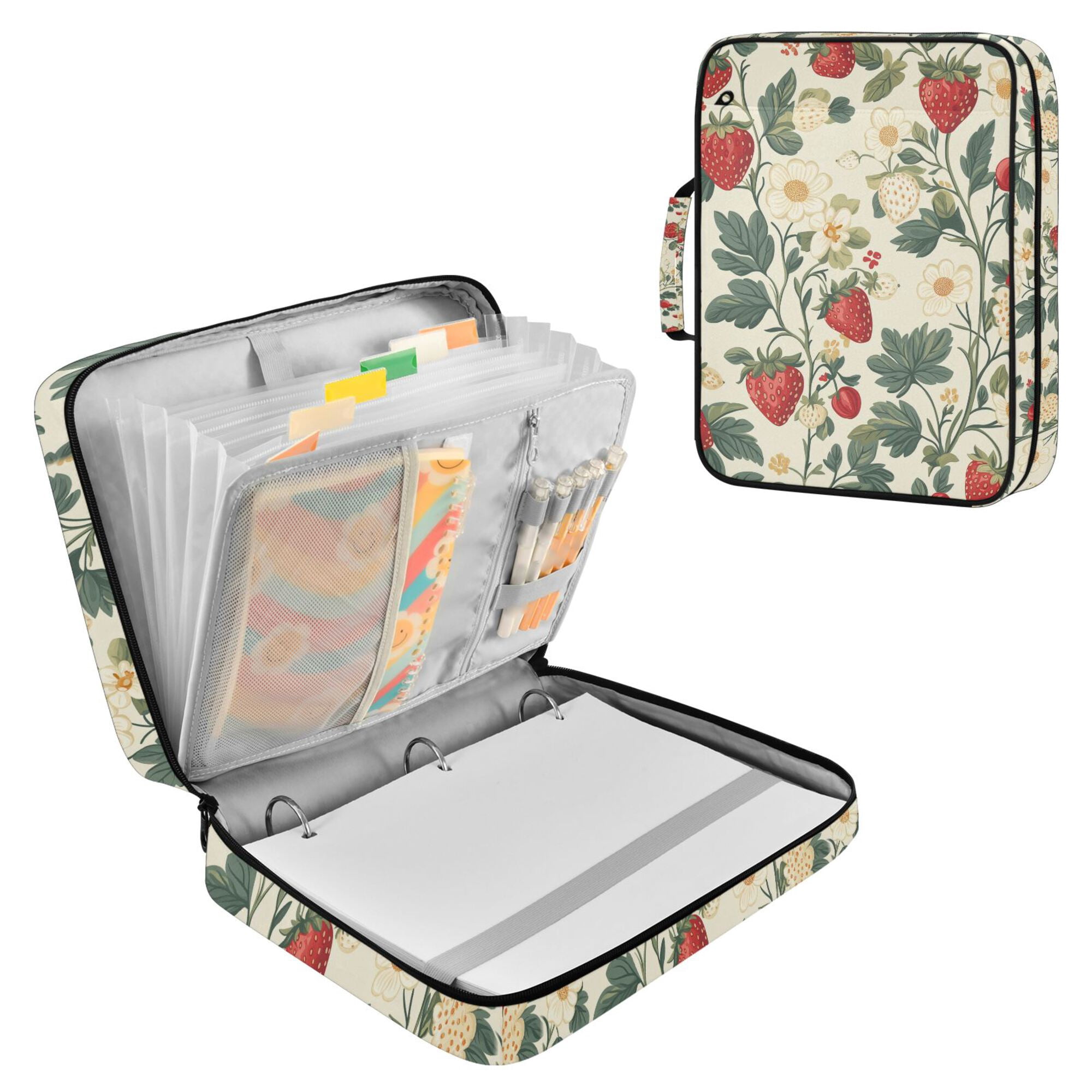 FORMRS Accordion File Folder A4 Size 7-Pocket Expanding Document Organizer Bag with 3 Ring Binder, Small Strawberry Pattern