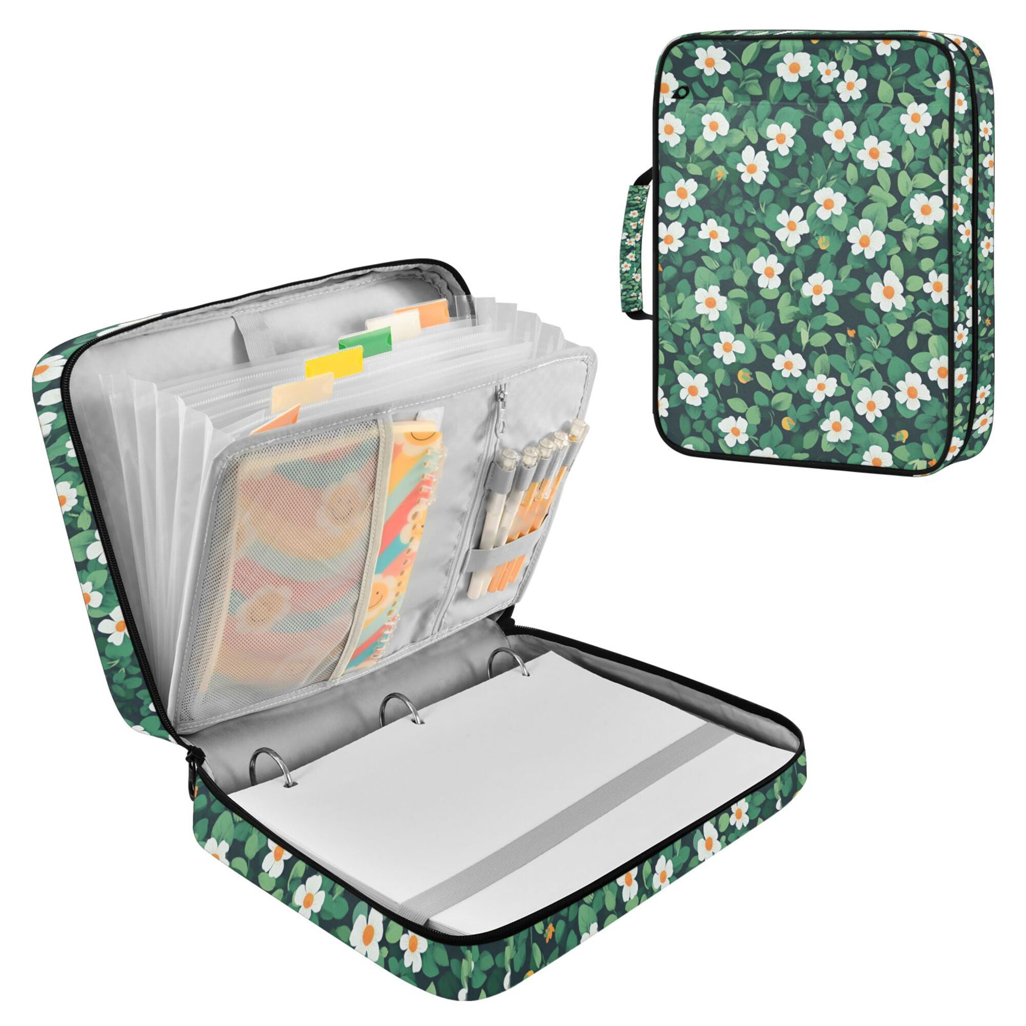 FORMRS Accordion File Folder A4 Size 7-Pocket Expanding Document Organizer Bag with 3 Ring Binder, Small White Flowers