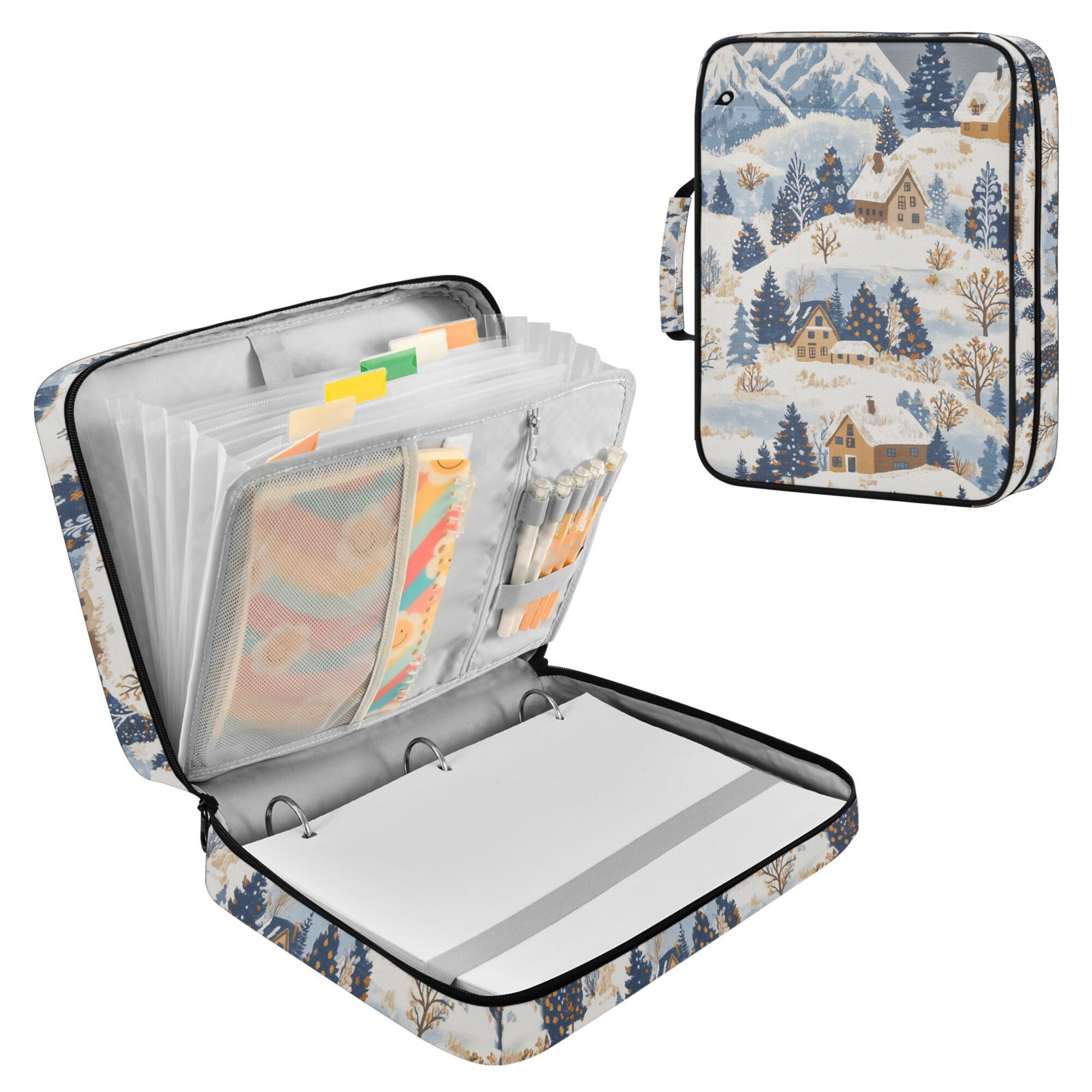 FORMRS Accordion File Folder A4 Size 7-Pocket Expanding Document Organizer Bag with 3 Ring Binder, Snowy Winter