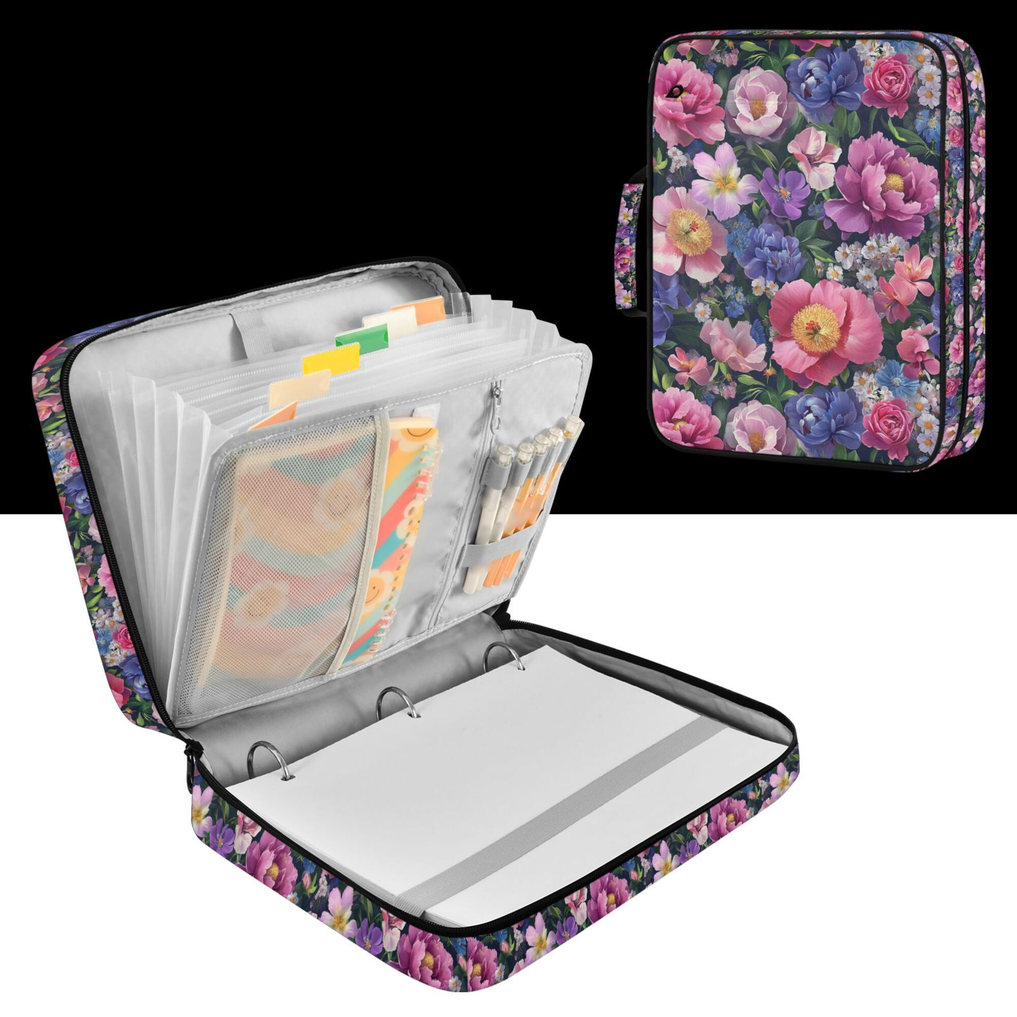 FORMRS Accordion File Folder A4 Size 7-Pocket Expanding Document Organizer Bag with 3 Ring Binder, Soft Pinks Flowers