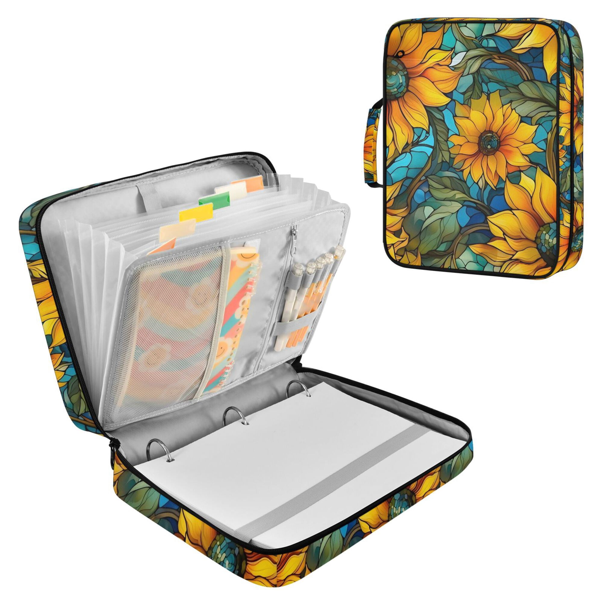 FORMRS Accordion File Folder A4 Size 7-Pocket Expanding Document Organizer Bag with 3 Ring Binder, Stained Glass Sunflowers Pattern