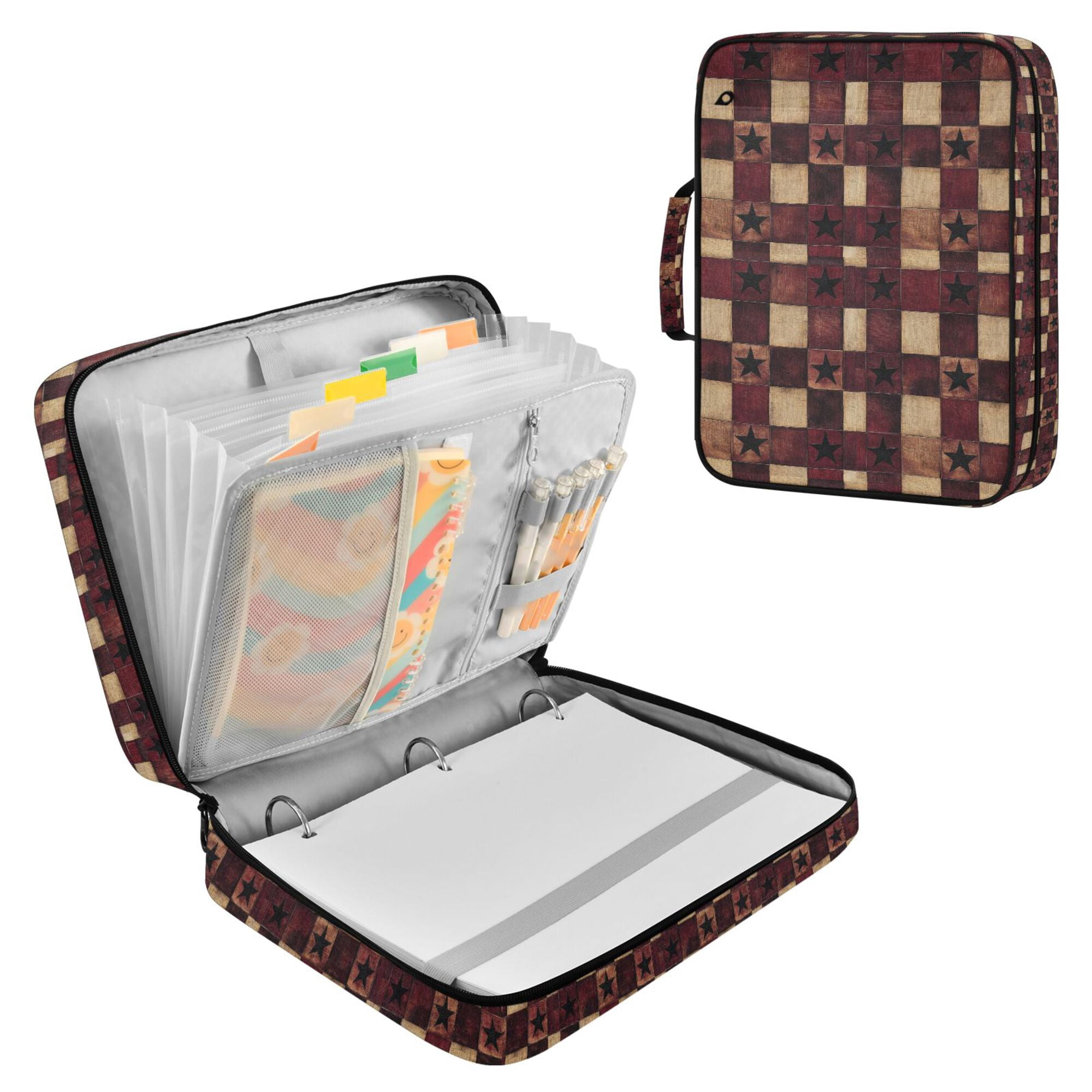 FORMRS Accordion File Folder A4 Size 7-Pocket Expanding Document Organizer Bag with 3 Ring Binder, Star Spangled Squares