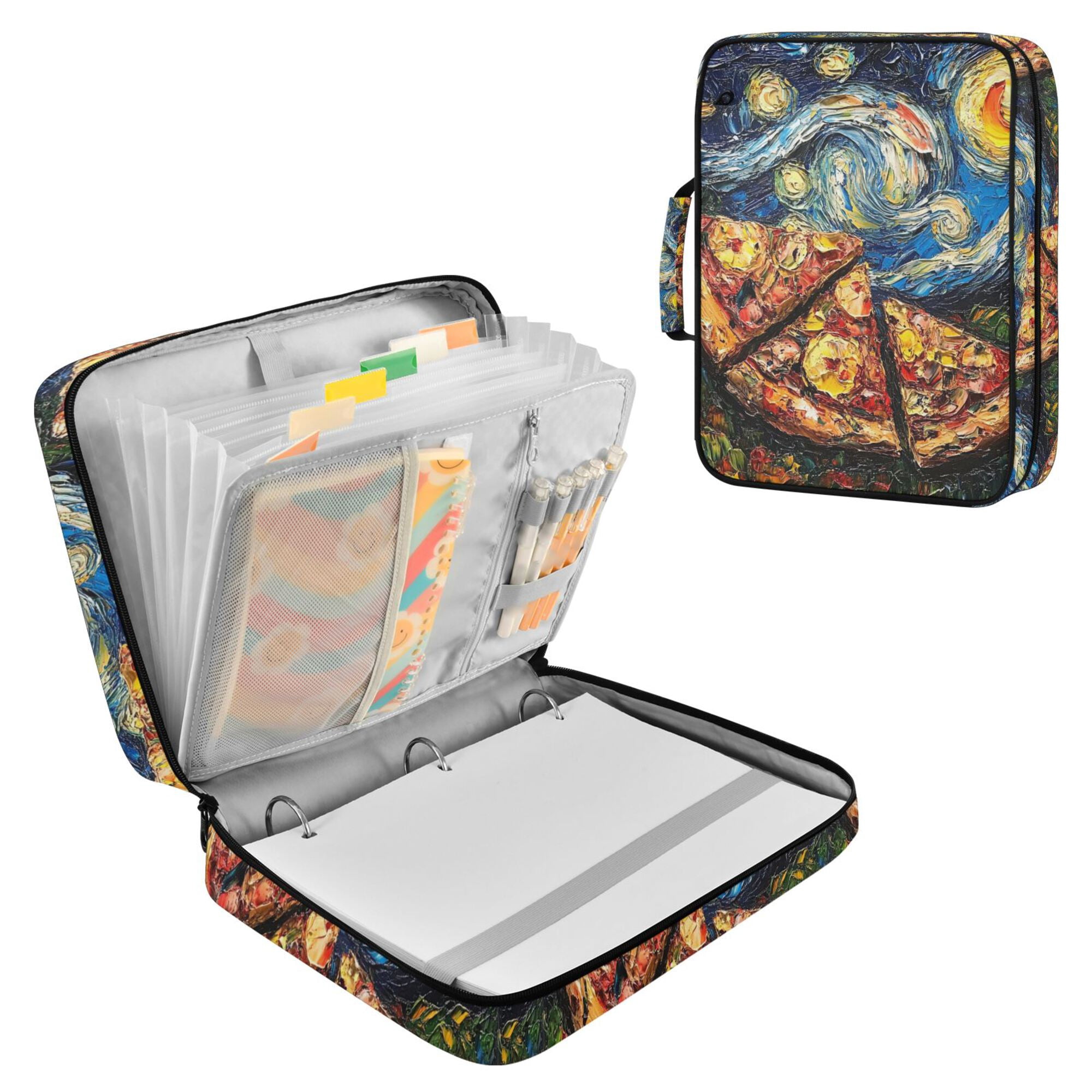 FORMRS Accordion File Folder A4 Size 7-Pocket Expanding Document Organizer Bag with 3 Ring Binder, Starry Pizza