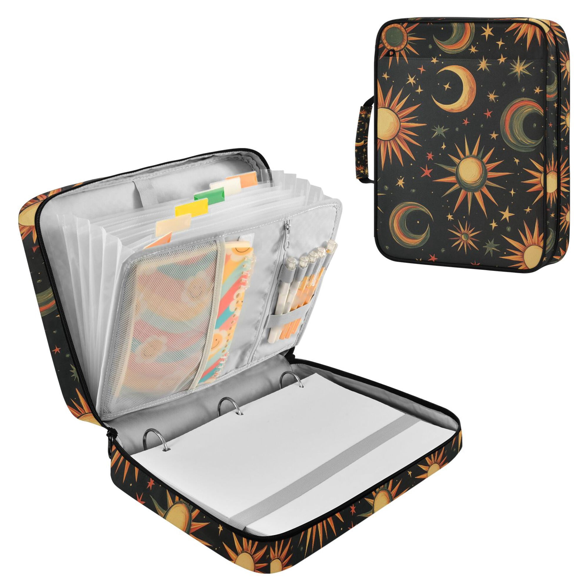 FORMRS Accordion File Folder A4 Size 7-Pocket Expanding Document Organizer Bag with 3 Ring Binder, Sun Moon and Stars Pattern