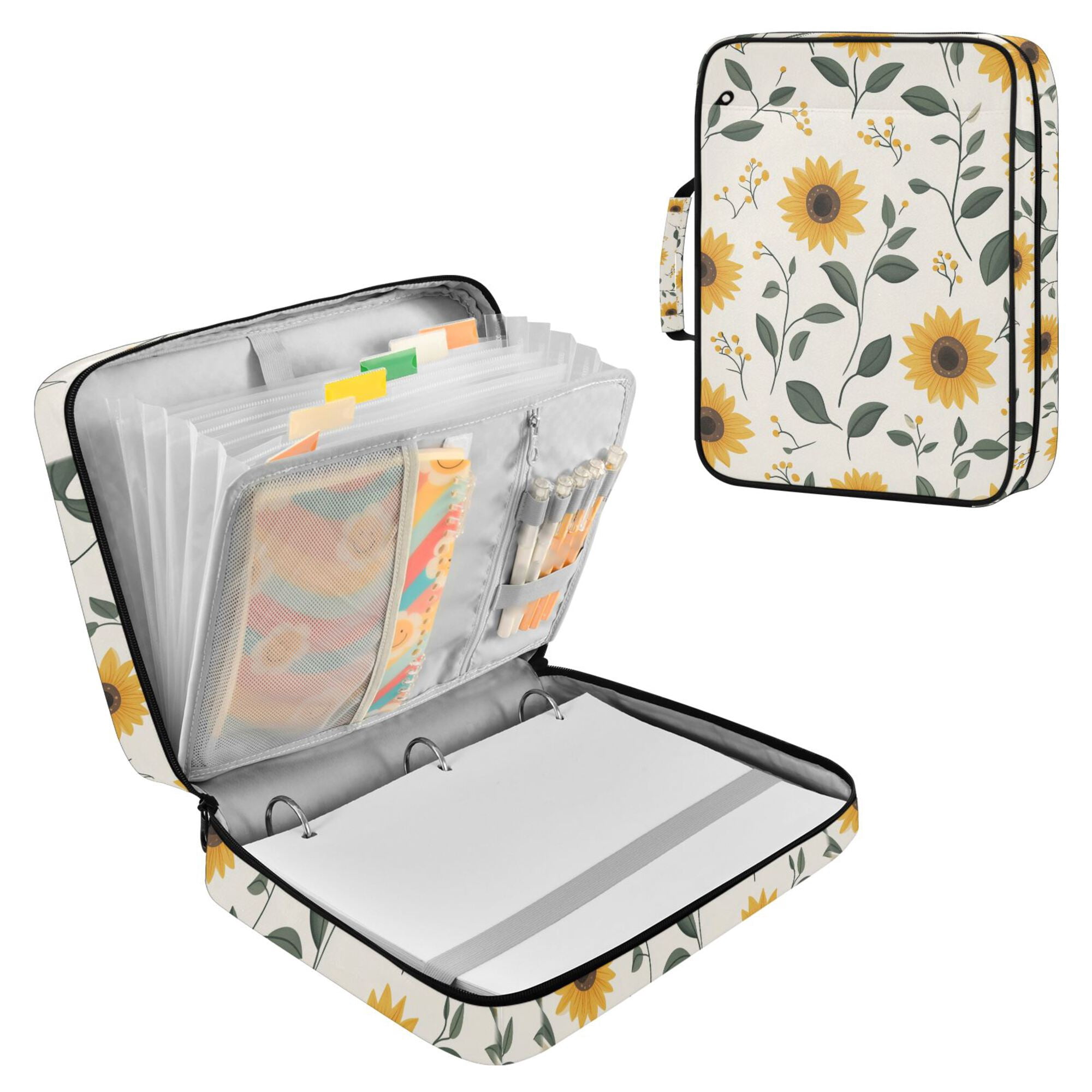 FORMRS Accordion File Folder A4 Size 7-Pocket Expanding Document Organizer Bag with 3 Ring Binder, Sunflower Pattern