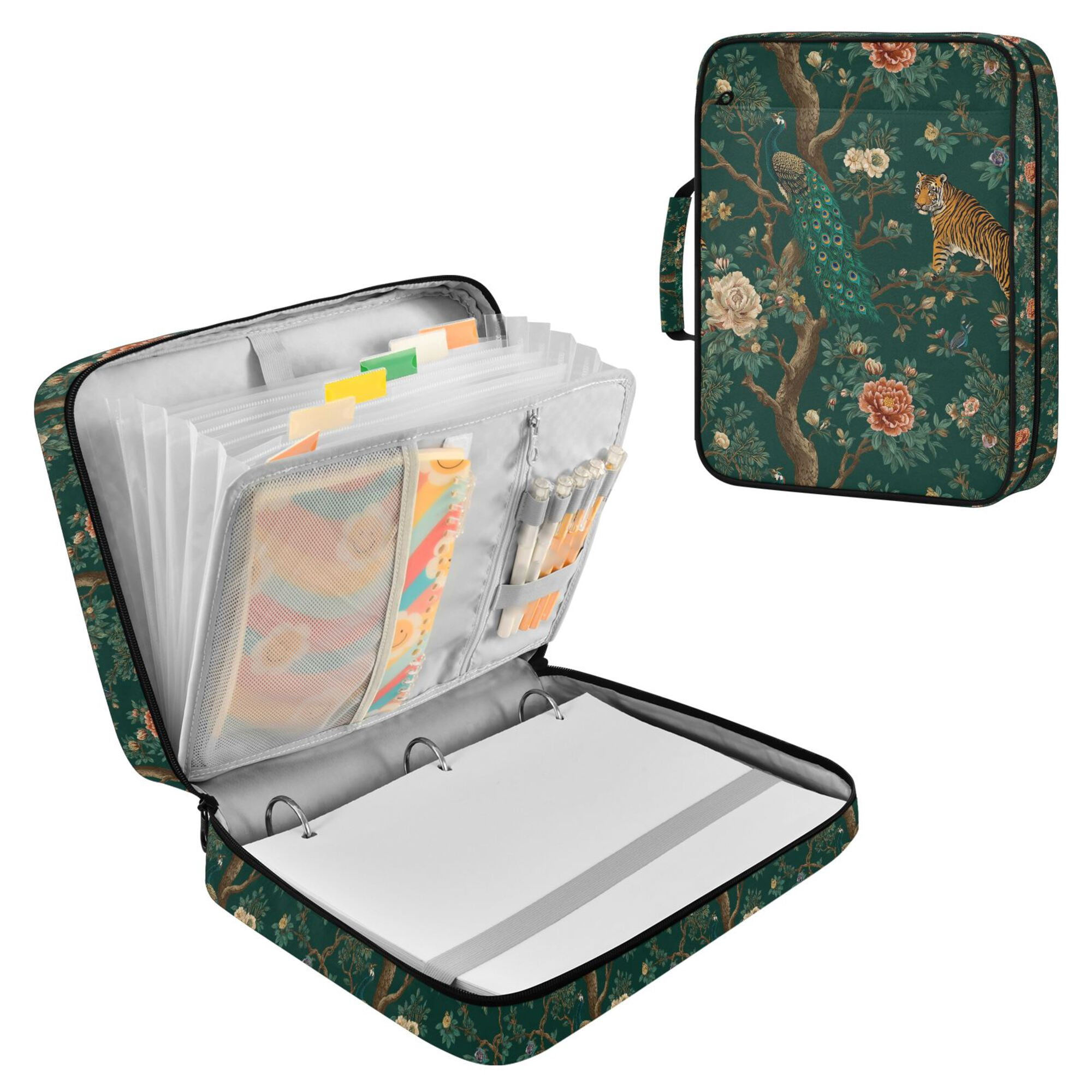 FORMRS Accordion File Folder A4 Size 7-Pocket Expanding Document Organizer Bag with 3 Ring Binder, Tiger and Peacock Pattern