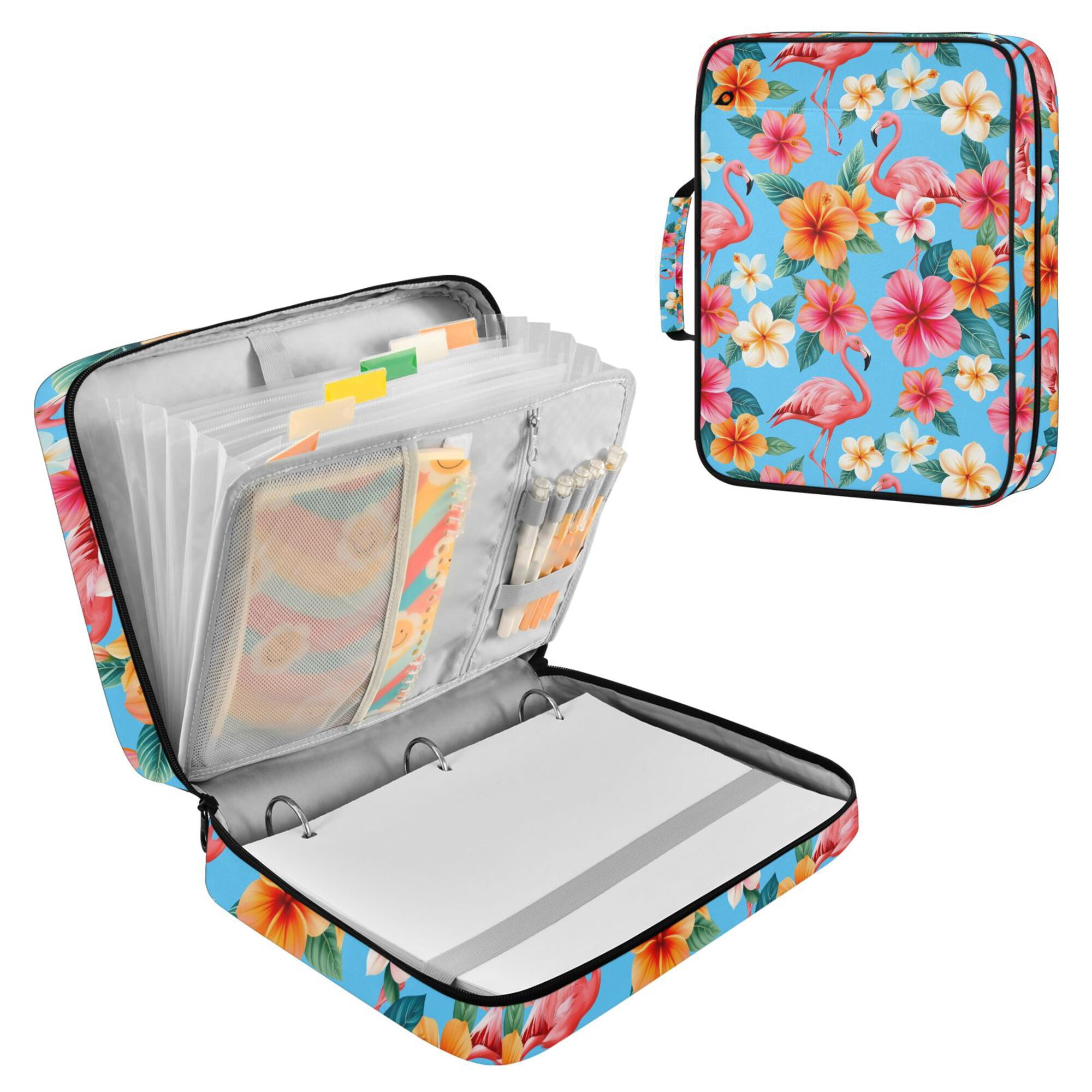 FORMRS Accordion File Folder A4 Size 7-Pocket Expanding Document Organizer Bag with 3 Ring Binder, Tropical Flamingo Pattern