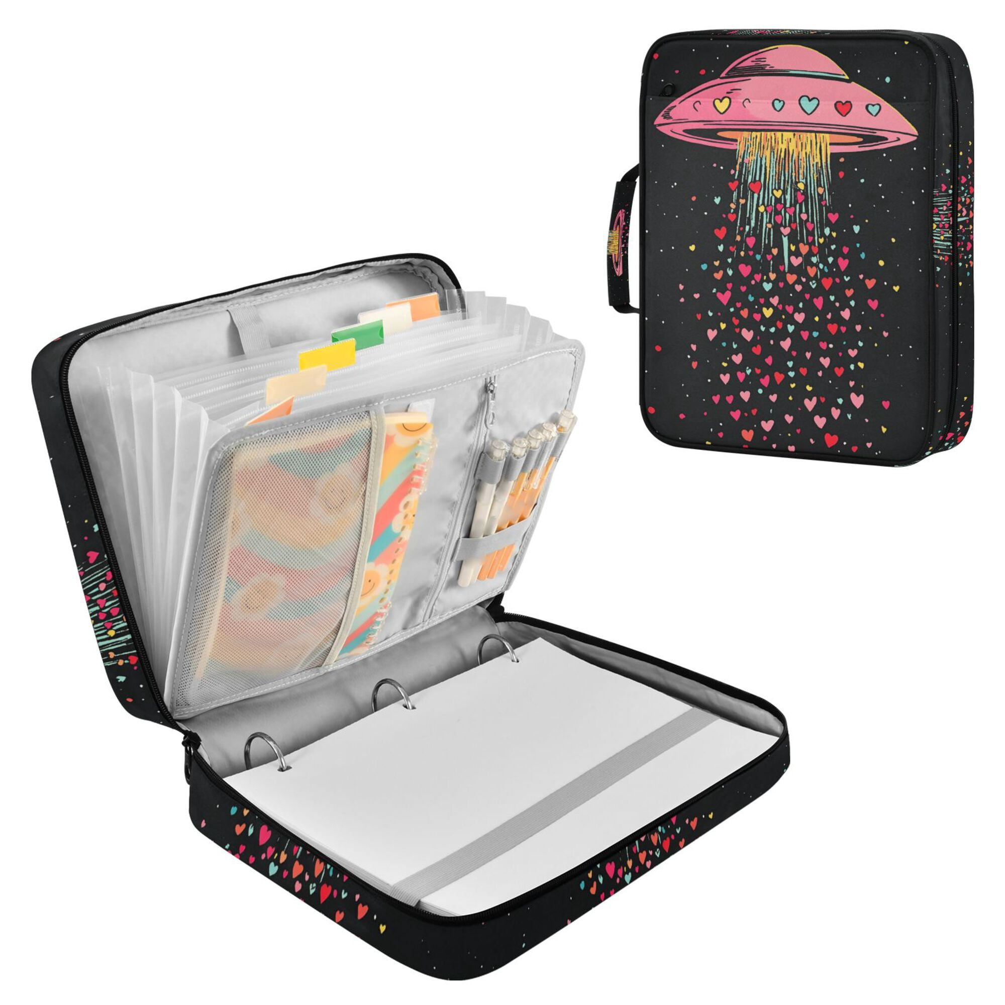 FORMRS Accordion File Folder A4 Size 7-Pocket Expanding Document Organizer Bag with 3 Ring Binder, UFO with Hearts Pattern