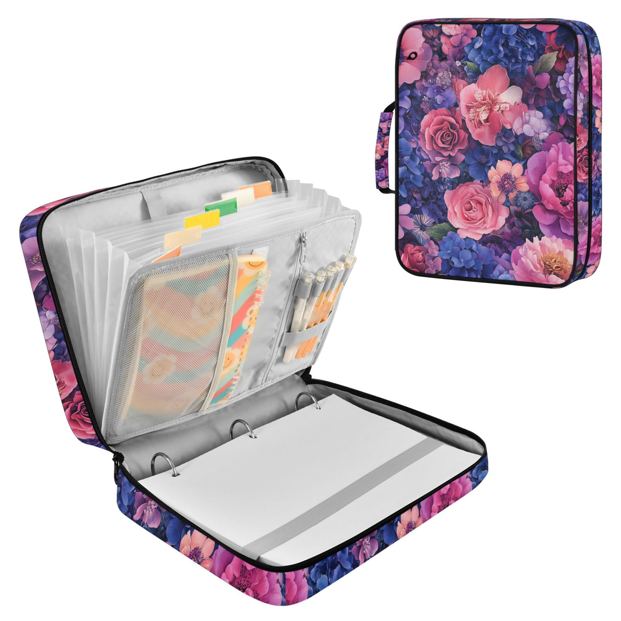 FORMRS Accordion File Folder A4 Size 7-Pocket Expanding Document Organizer Bag with 3 Ring Binder, Vibrant Art Flowers