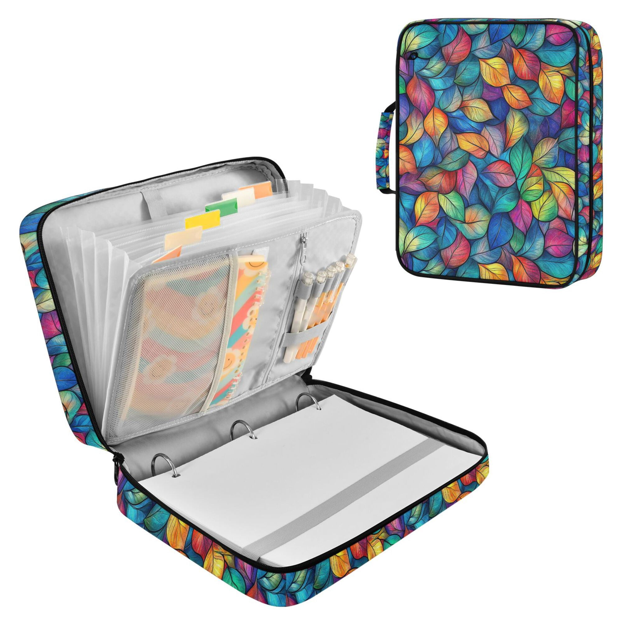 FORMRS Accordion File Folder A4 Size 7-Pocket Expanding Document Organizer Bag with 3 Ring Binder, Vibrant Art Leaves Pattern