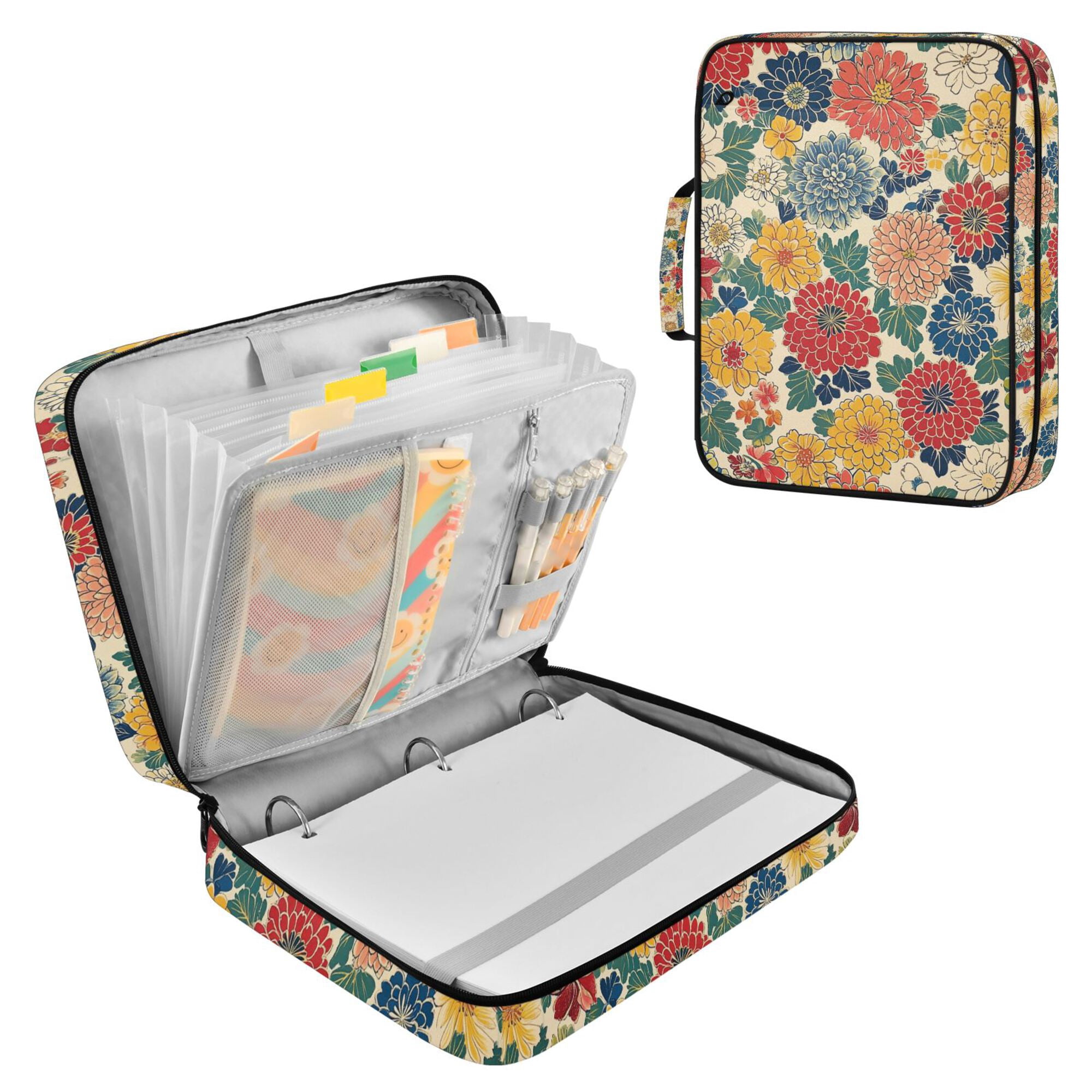 FORMRS Accordion File Folder A4 Size 7-Pocket Expanding Document Organizer Bag with 3 Ring Binder, Vibrant Flowers Pattern