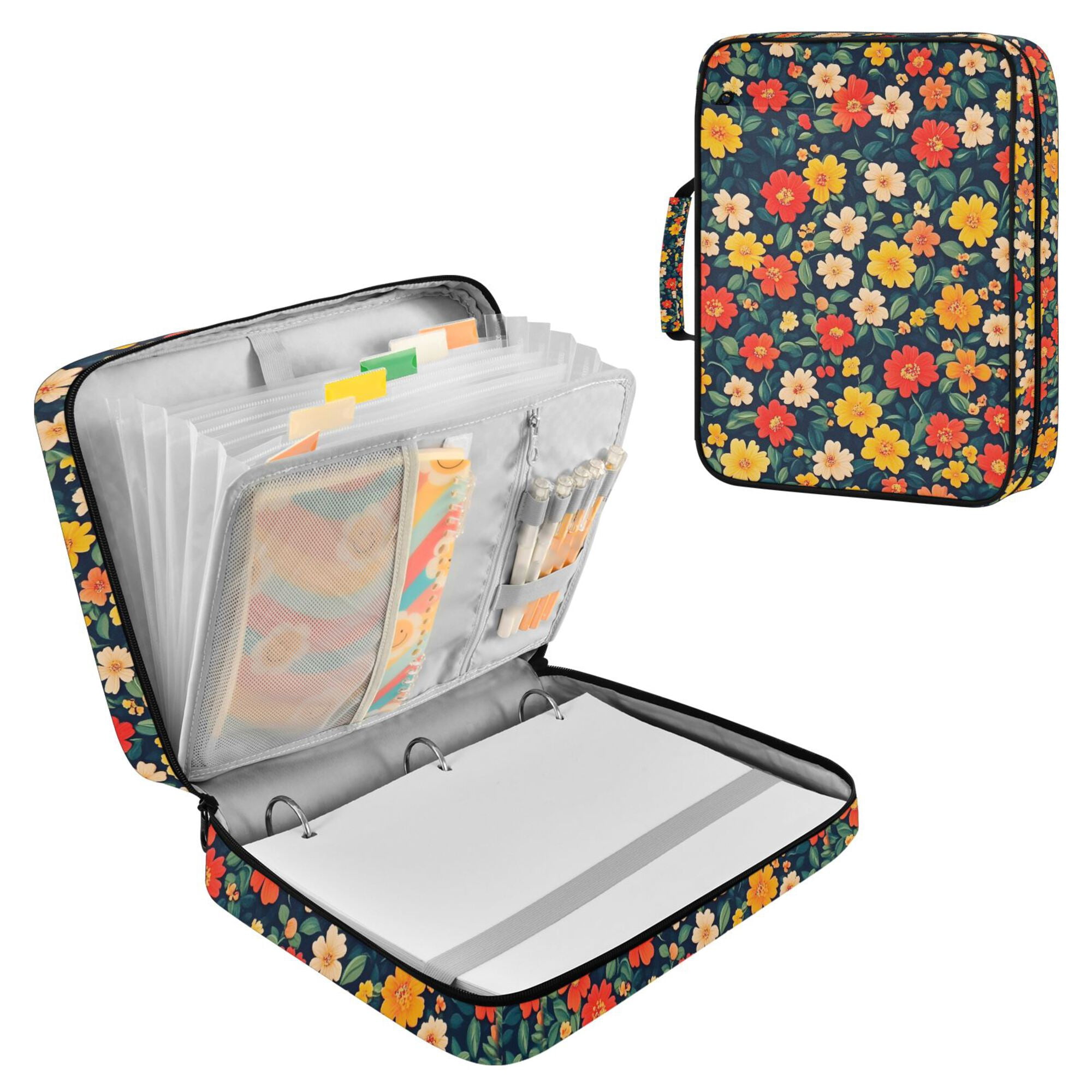 FORMRS Accordion File Folder A4 Size 7-Pocket Expanding Document Organizer Bag with 3 Ring Binder, Vibrant Flowers