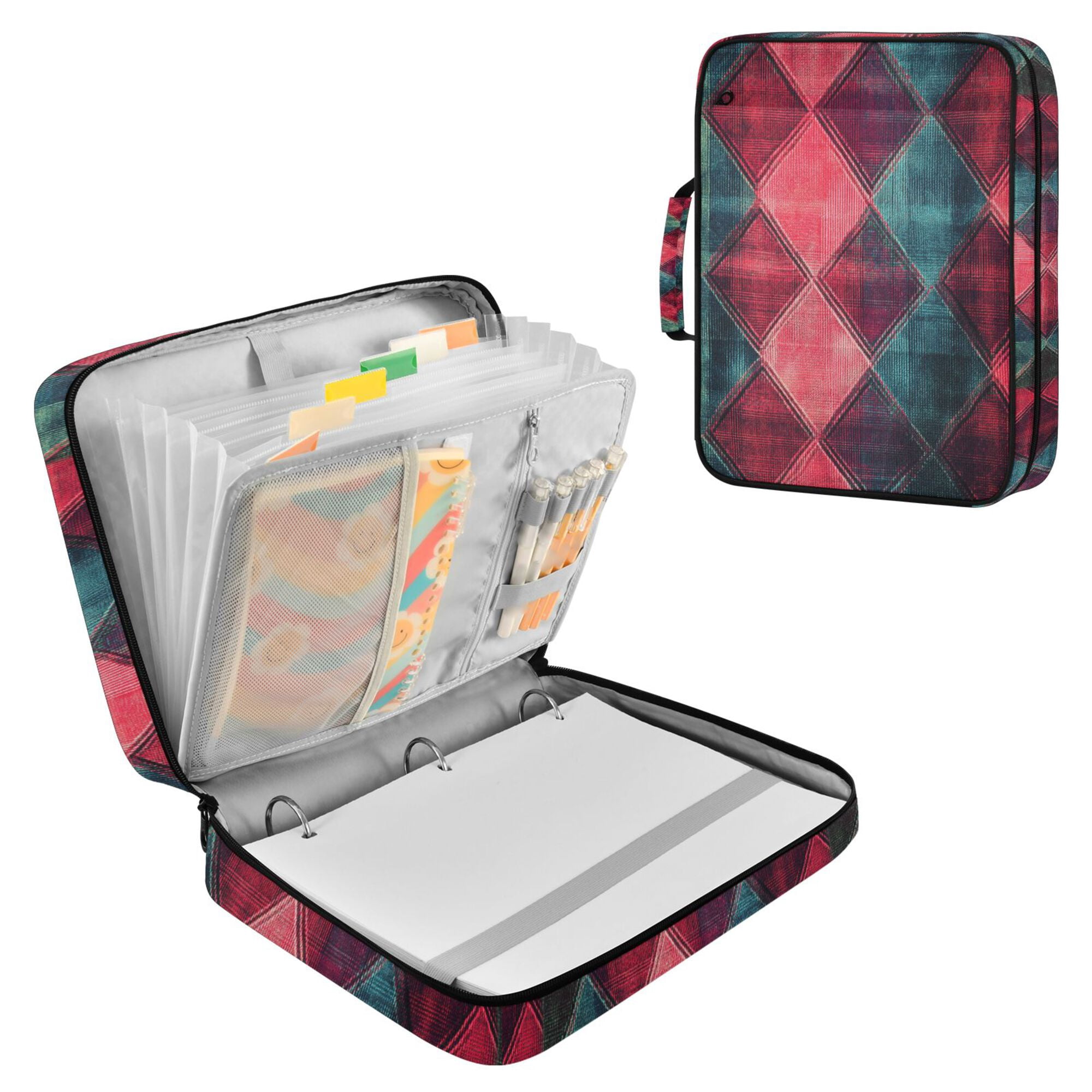 FORMRS Accordion File Folder A4 Size 7-Pocket Expanding Document Organizer Bag with 3 Ring Binder, Vibrant Green Tartan Pattern