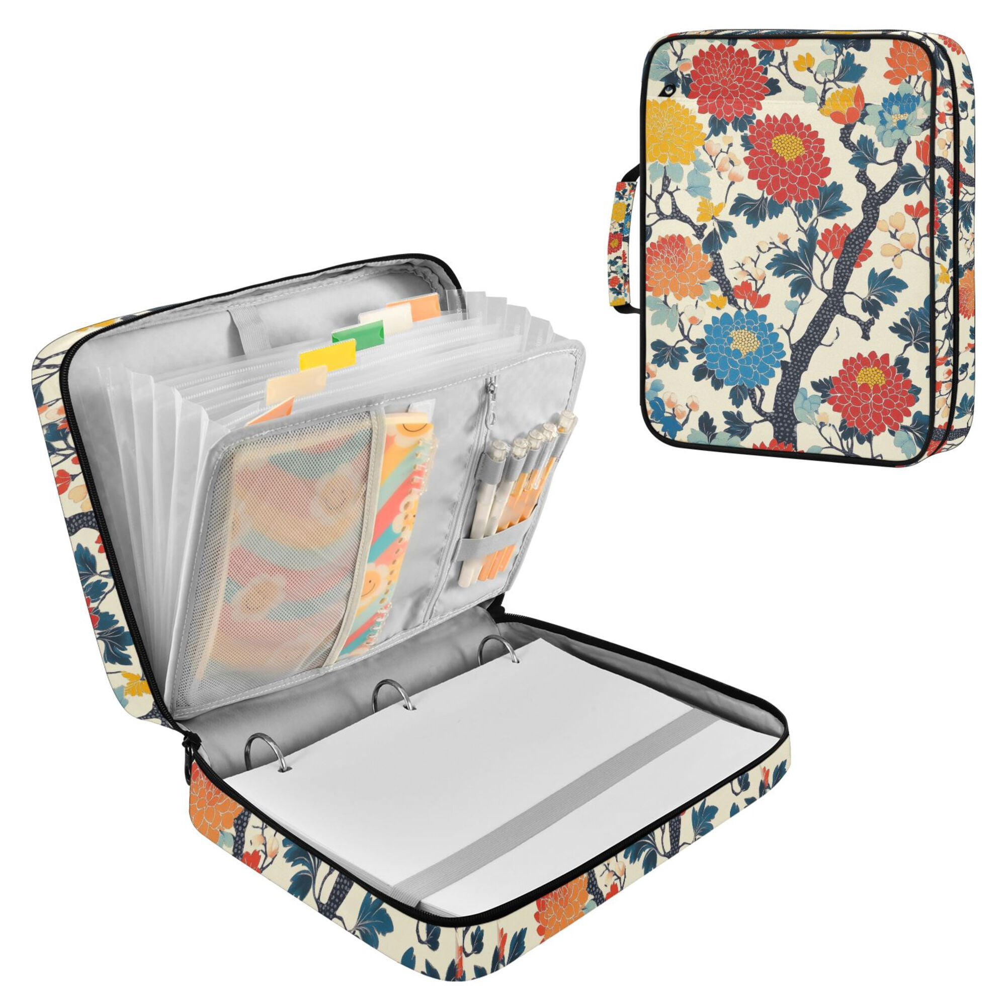 FORMRS Accordion File Folder A4 Size 7-Pocket Expanding Document Organizer Bag with 3 Ring Binder, Vibrant Japanese Flowers