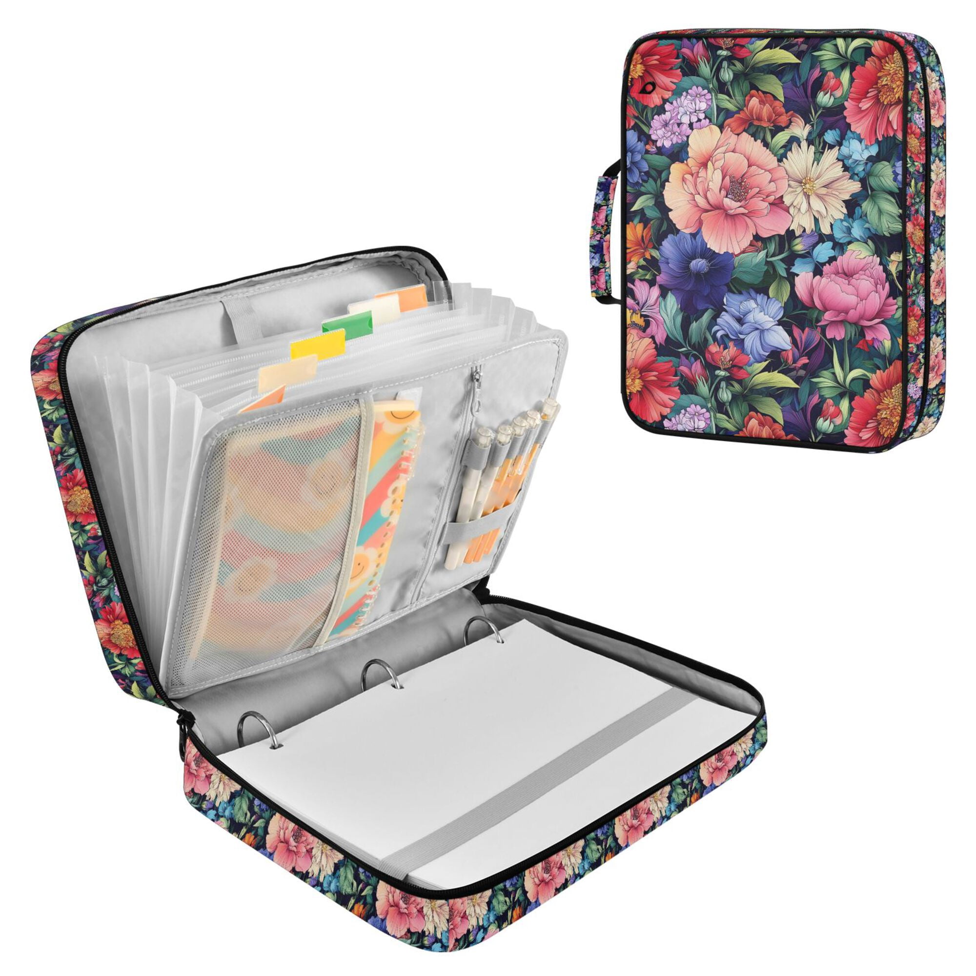 FORMRS Accordion File Folder A4 Size 7-Pocket Expanding Document Organizer Bag with 3 Ring Binder, Vibrant Pink Floral Pattern