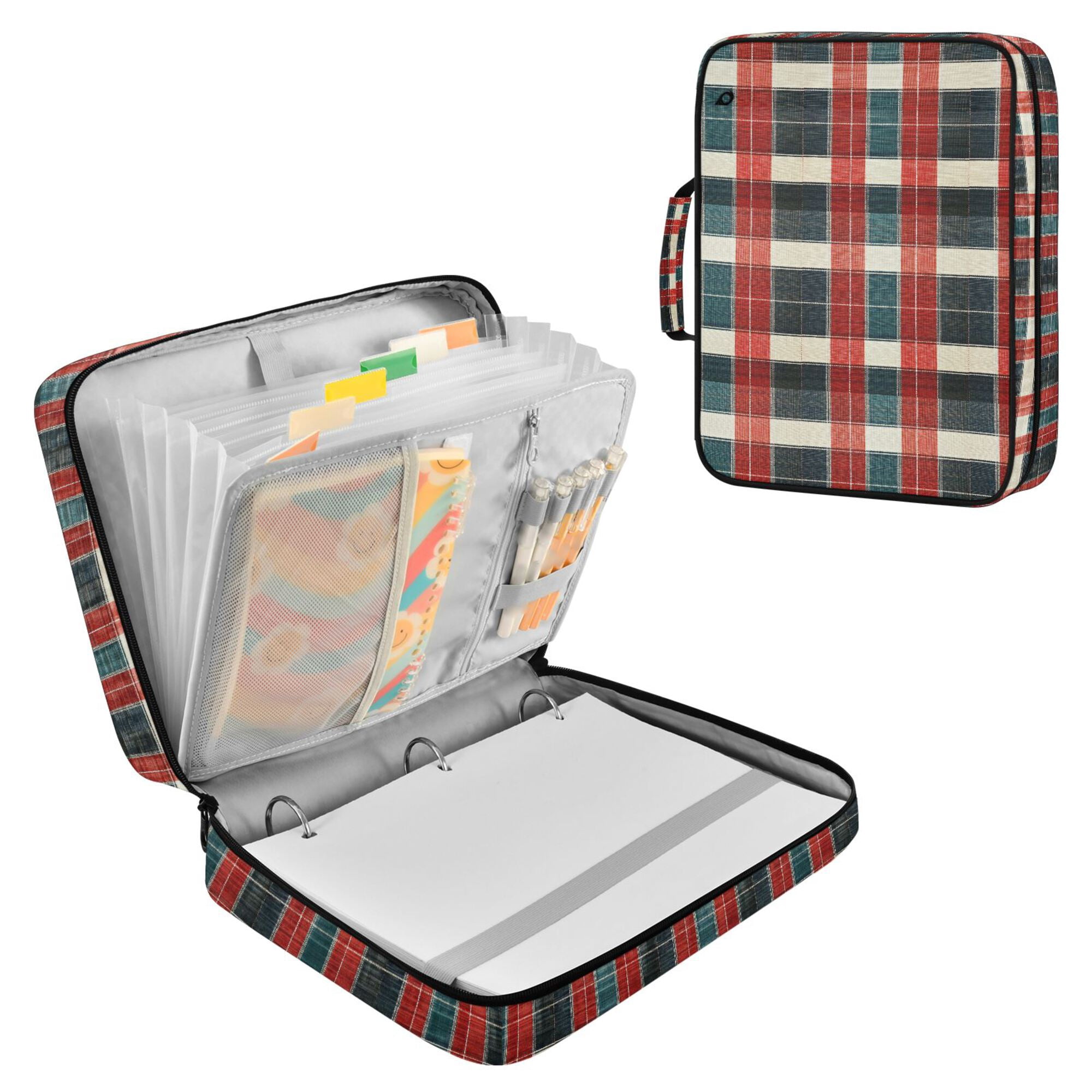 FORMRS Accordion File Folder A4 Size 7-Pocket Expanding Document Organizer Bag with 3 Ring Binder, Vibrant Red Tartan Pattern