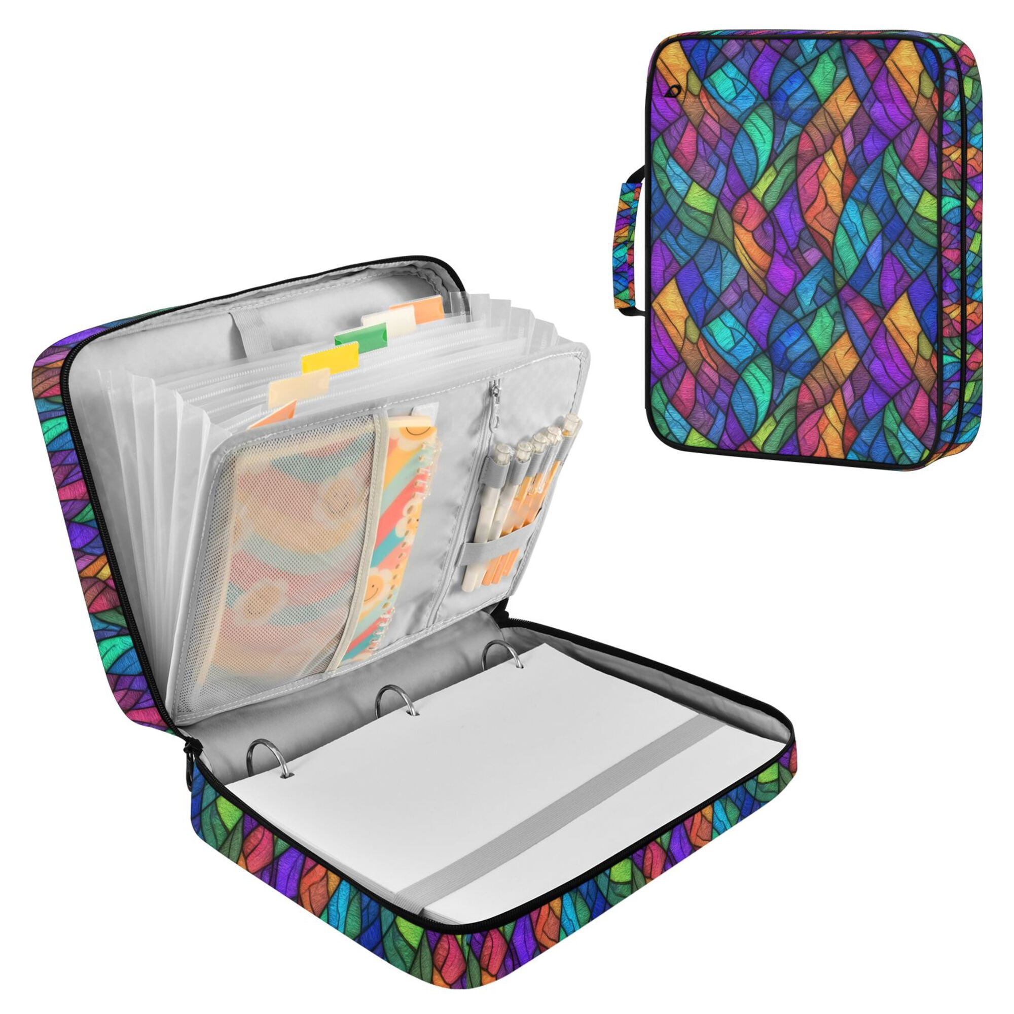 FORMRS Accordion File Folder A4 Size 7-Pocket Expanding Document Organizer Bag with 3 Ring Binder, Vibrant Stained Glass Pattern