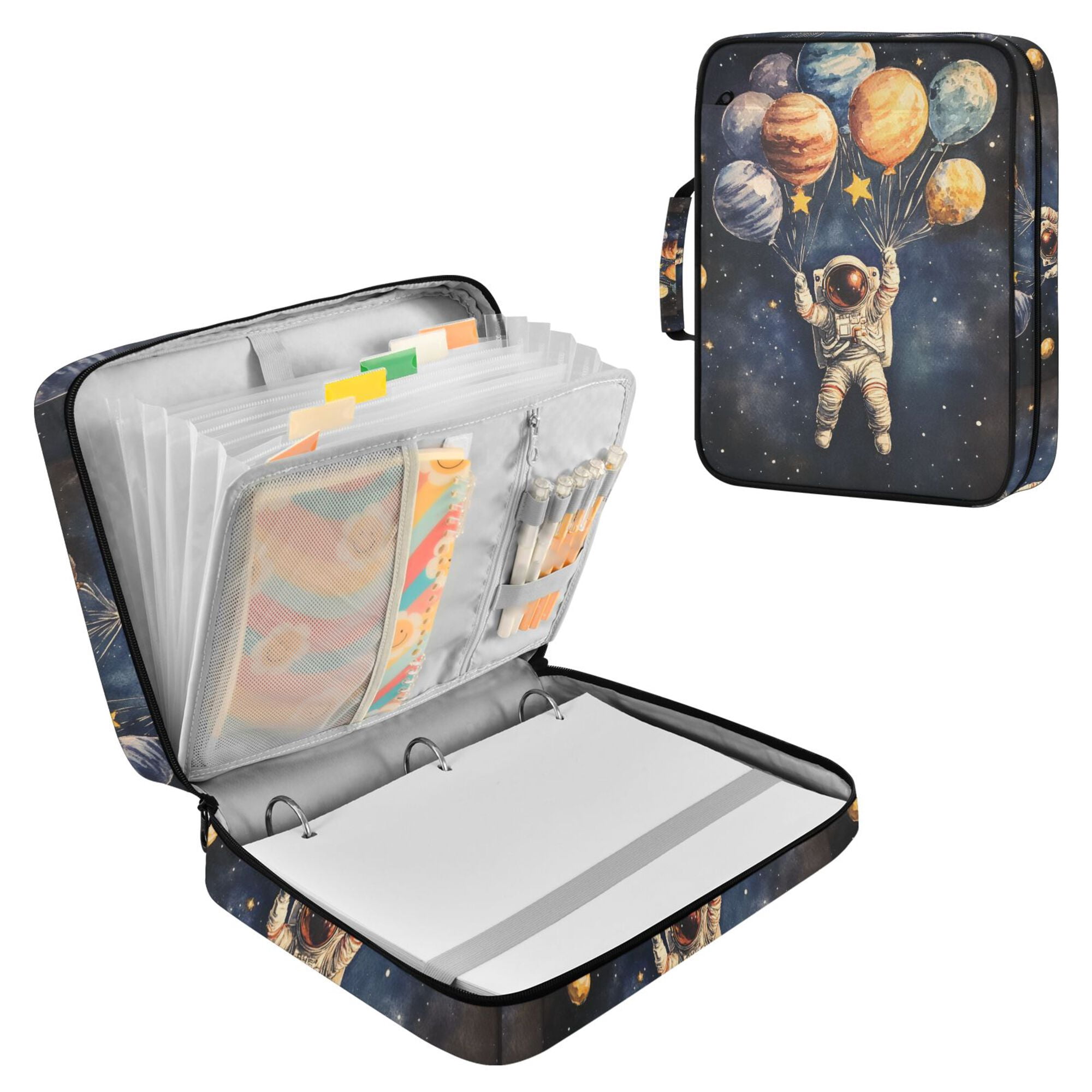 FORMRS Accordion File Folder A4 Size 7-Pocket Expanding Document Organizer Bag with 3 Ring Binder, Watercolor Astronaut