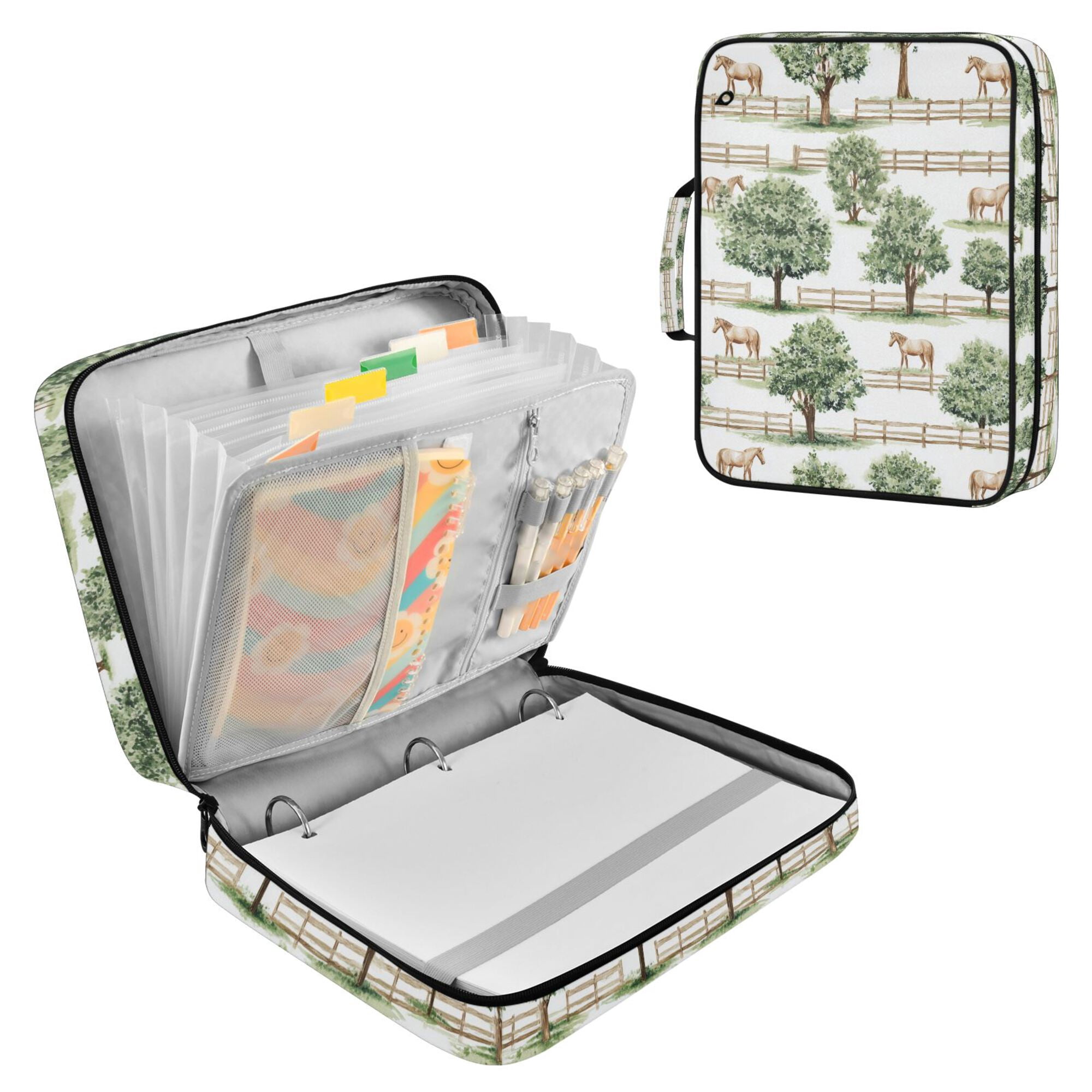 FORMRS Accordion File Folder A4 Size 7-Pocket Expanding Document Organizer Bag with 3 Ring Binder, Watercolor Horses Pattern