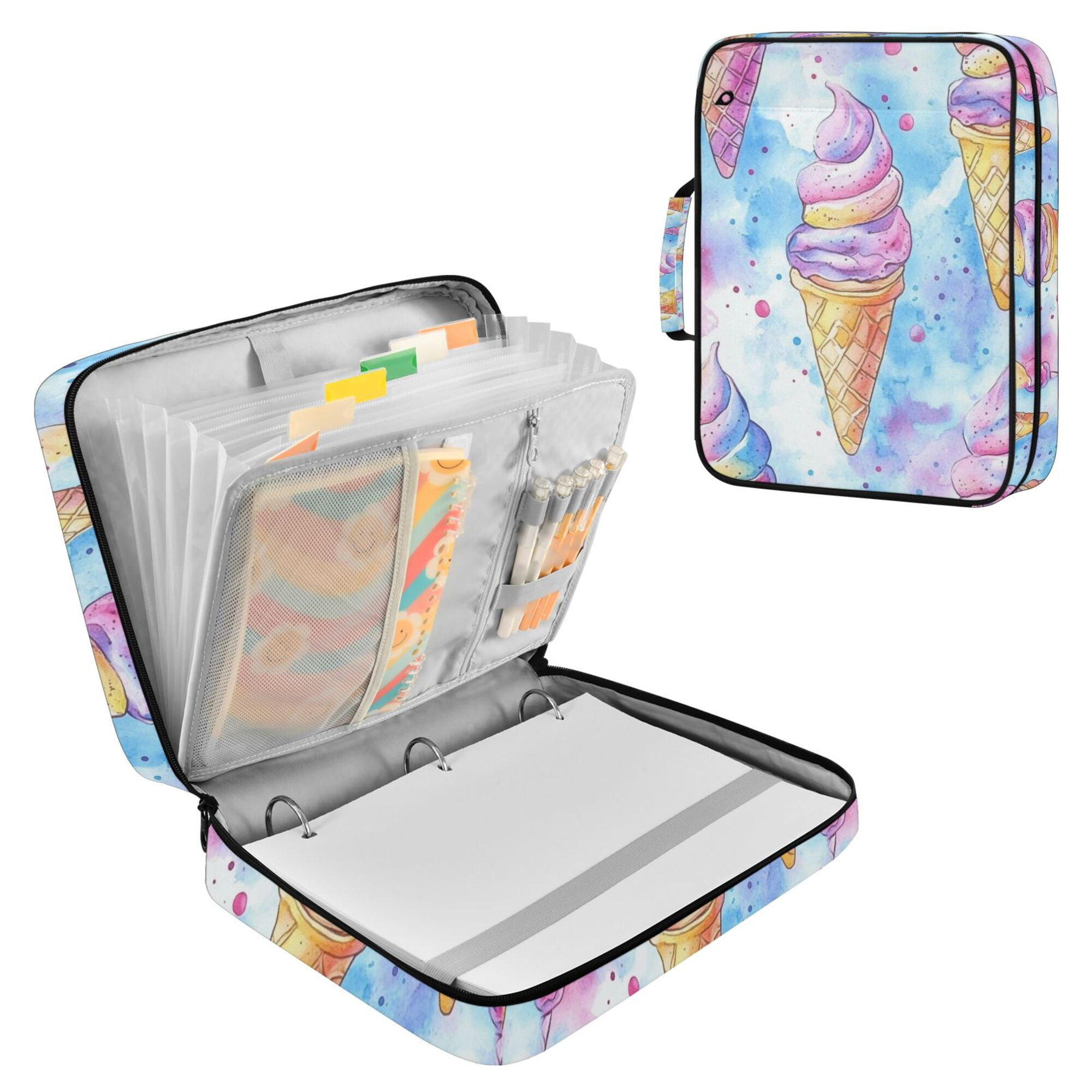 FORMRS Accordion File Folder A4 Size 7-Pocket Expanding Document Organizer Bag with 3 Ring Binder, Watercolor Ice Cream Pattern