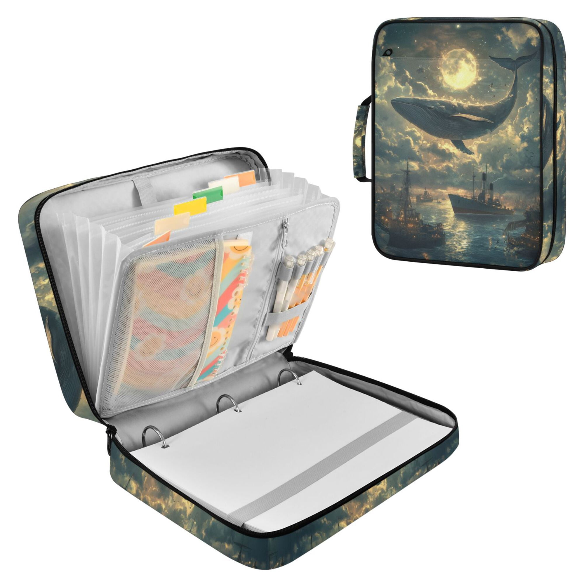 FORMRS Accordion File Folder A4 Size 7-Pocket Expanding Document Organizer Bag with 3 Ring Binder, Whale and Moon