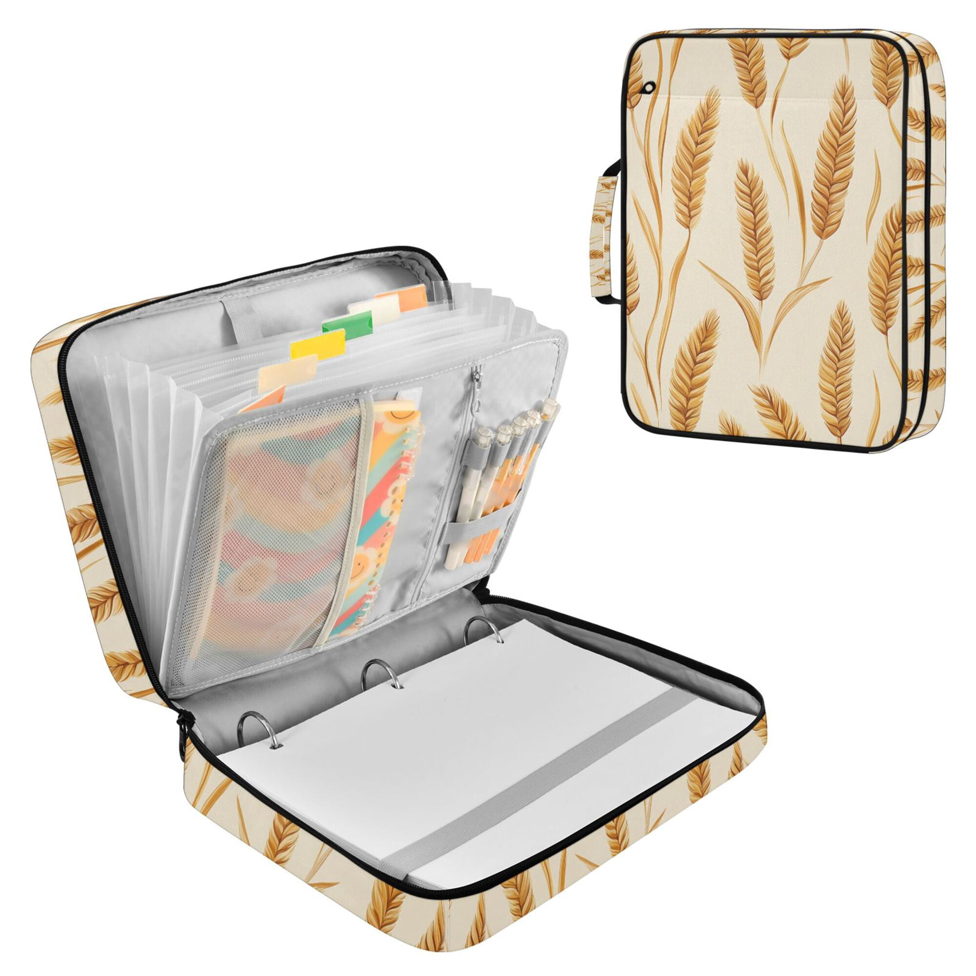 FORMRS Accordion File Folder A4 Size 7-Pocket Expanding Document Organizer Bag with 3 Ring Binder, Wheat Ears Pattern