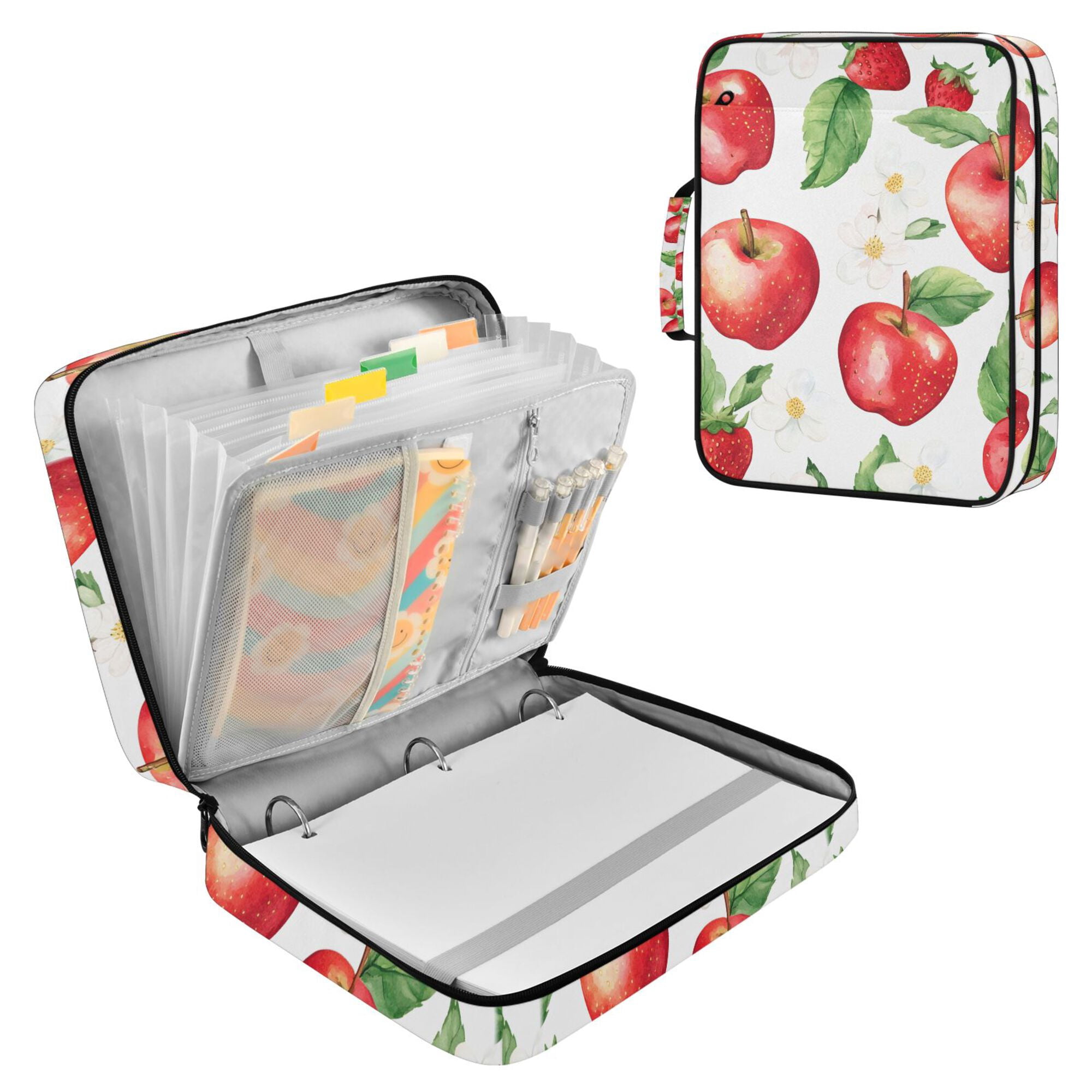 FORMRS Accordion File Folder A4 Size 7-Pocket Expanding Document Organizer Bag with 3 Ring Binder, White Apple Pattern