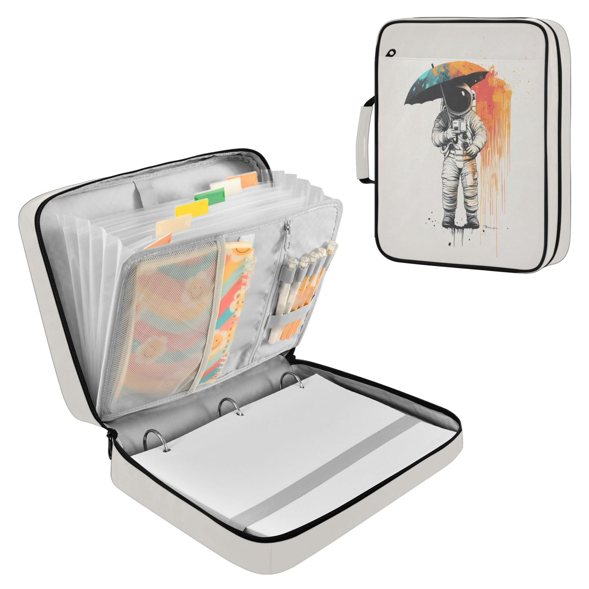 FORMRS Accordion File Folder A4 Size 7-Pocket Expanding Document Organizer Bag with 3 Ring Binder, White Astronaut