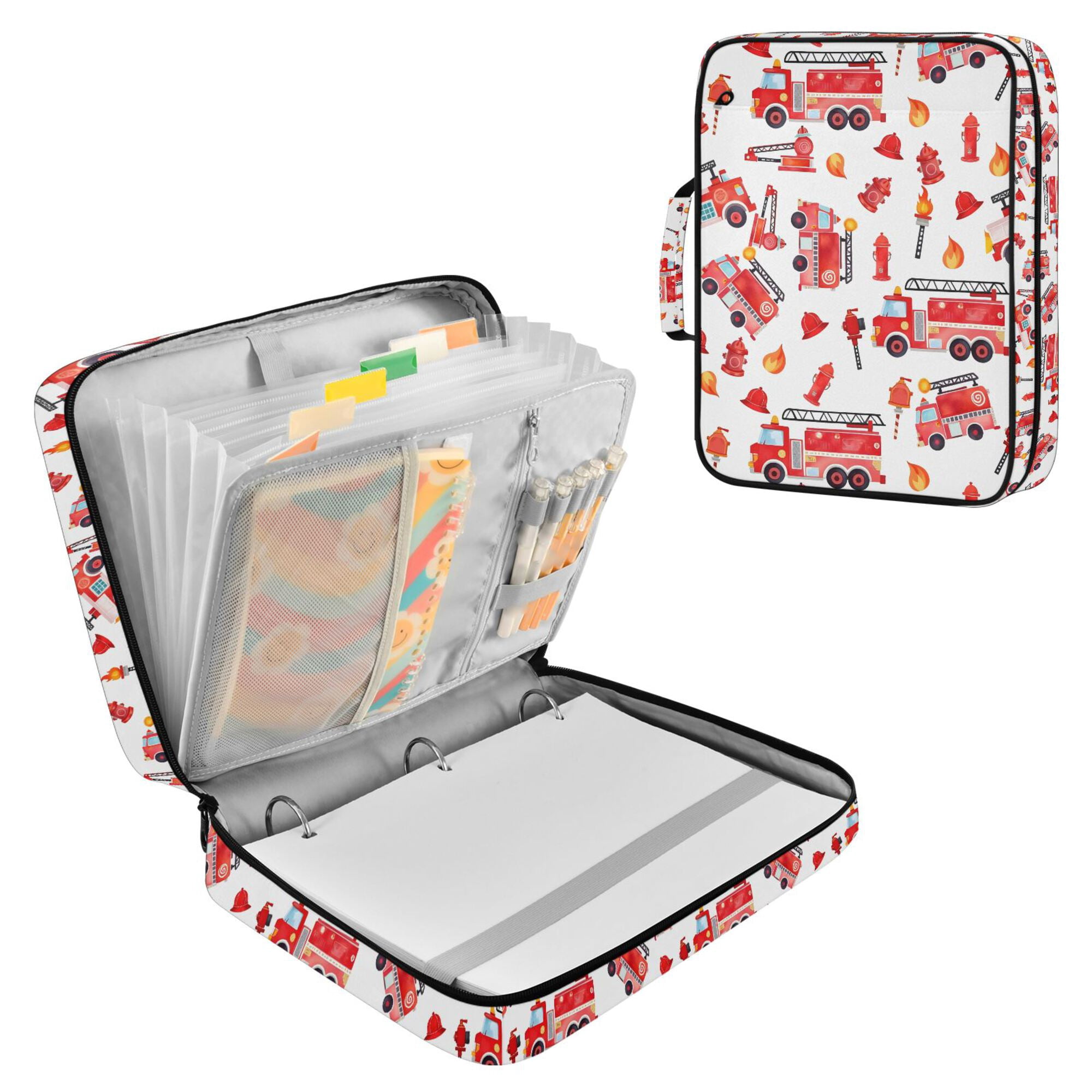 FORMRS Accordion File Folder A4 Size 7-Pocket Expanding Document Organizer Bag with 3 Ring Binder, White Cartoon Fire Truck Pattern