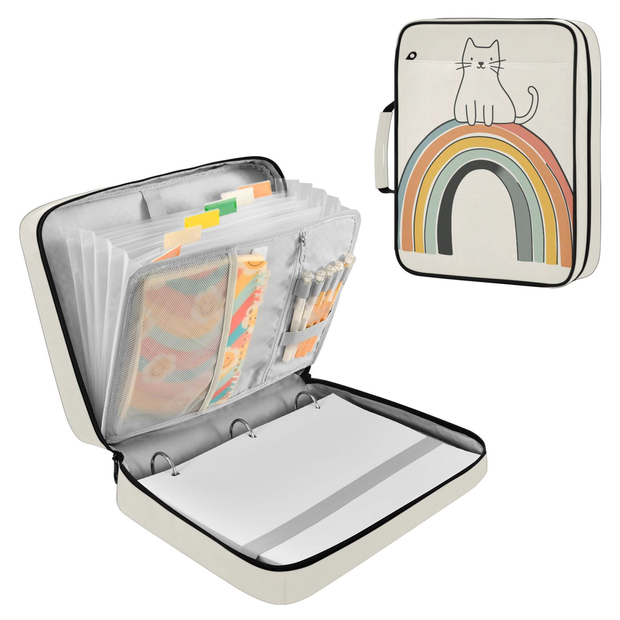 FORMRS Accordion File Folder A4 Size 7-Pocket Expanding Document Organizer Bag with 3 Ring Binder, White Cat Rainbow