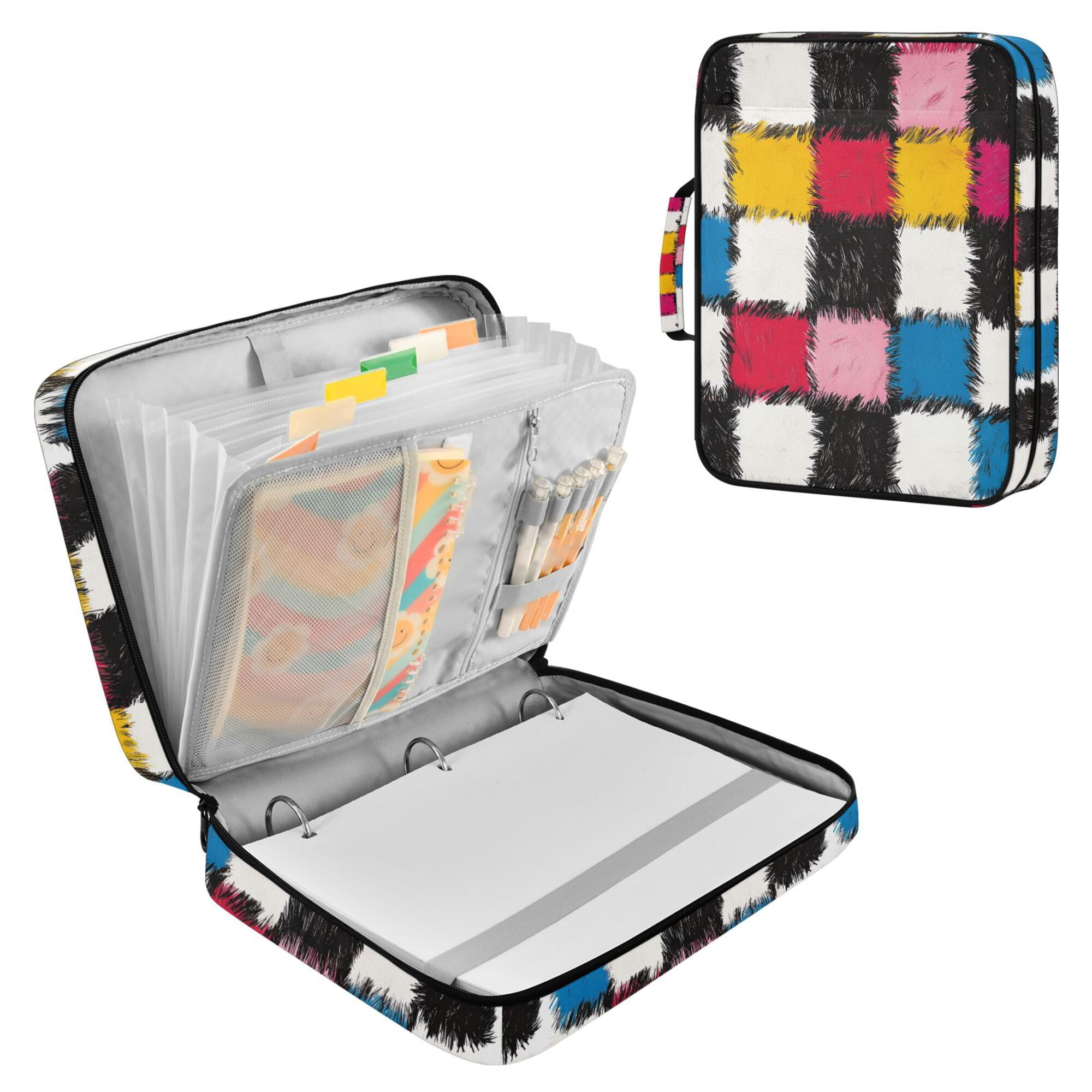 FORMRS Accordion File Folder A4 Size 7-Pocket Expanding Document Organizer Bag with 3 Ring Binder, White Checkered Pattern