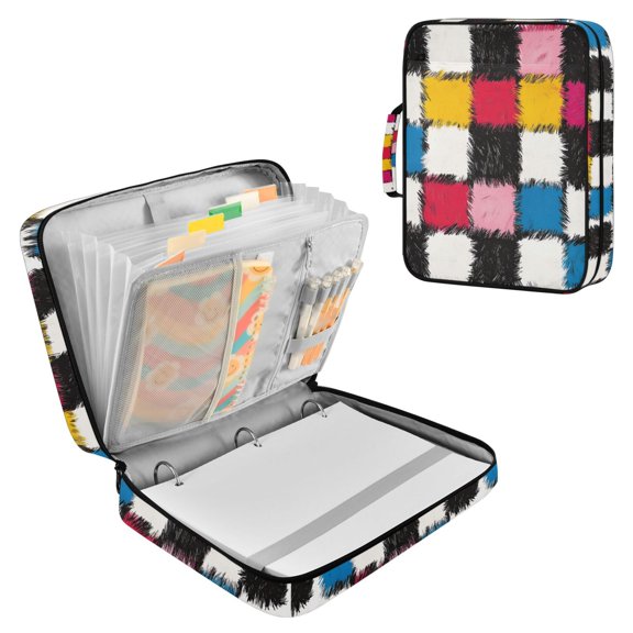 FORMRS Accordion File Folder A4 Size 7-Pocket Expanding Document Organizer Bag with 3 Ring Binder, White Checkered Pattern
