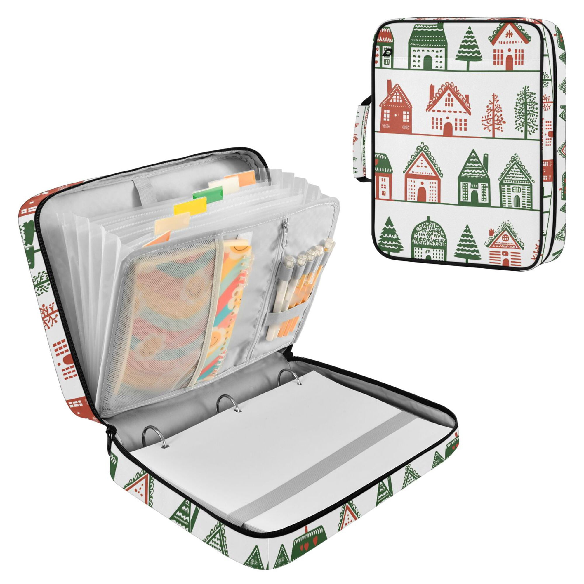 FORMRS Accordion File Folder A4 Size 7-Pocket Expanding Document Organizer Bag with 3 Ring Binder, White Christmas House