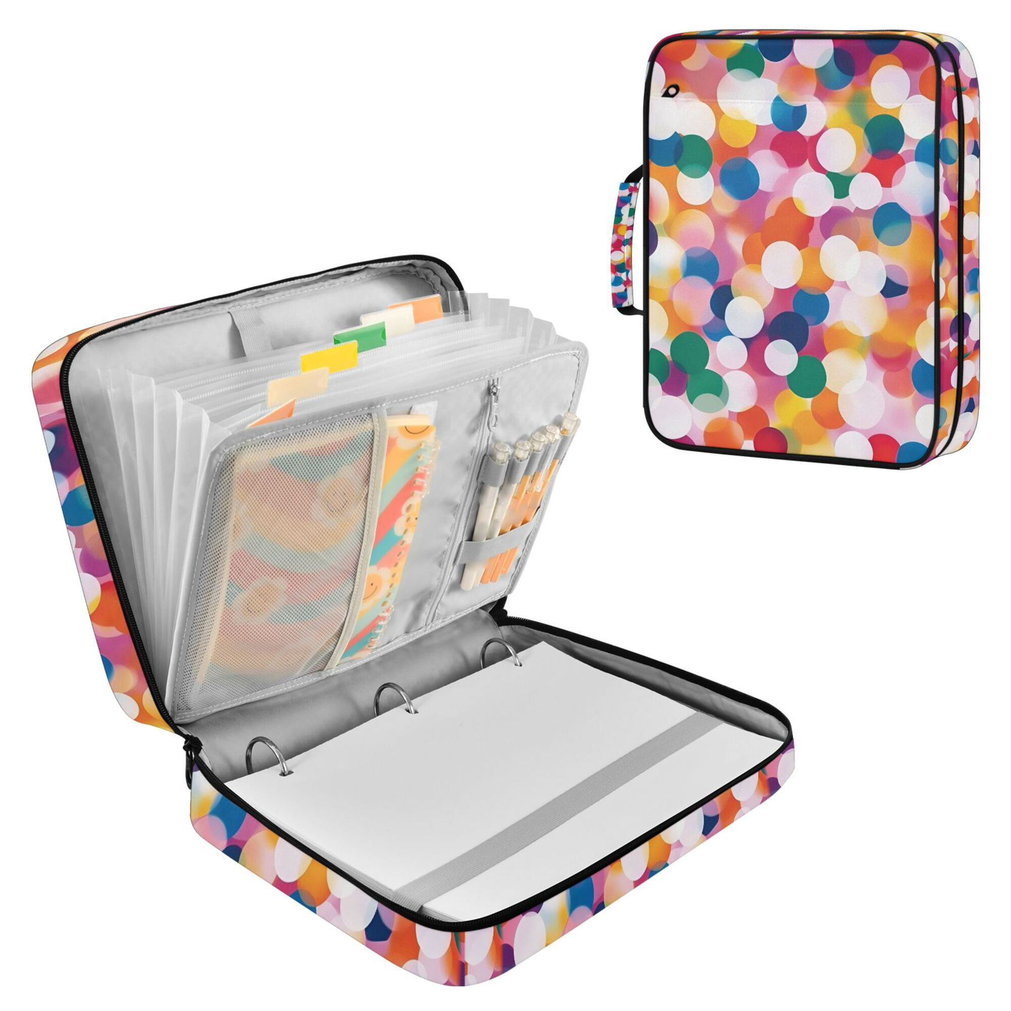 FORMRS Accordion File Folder A4 Size 7-Pocket Expanding Document Organizer Bag with 3 Ring Binder, White Colorful Circles