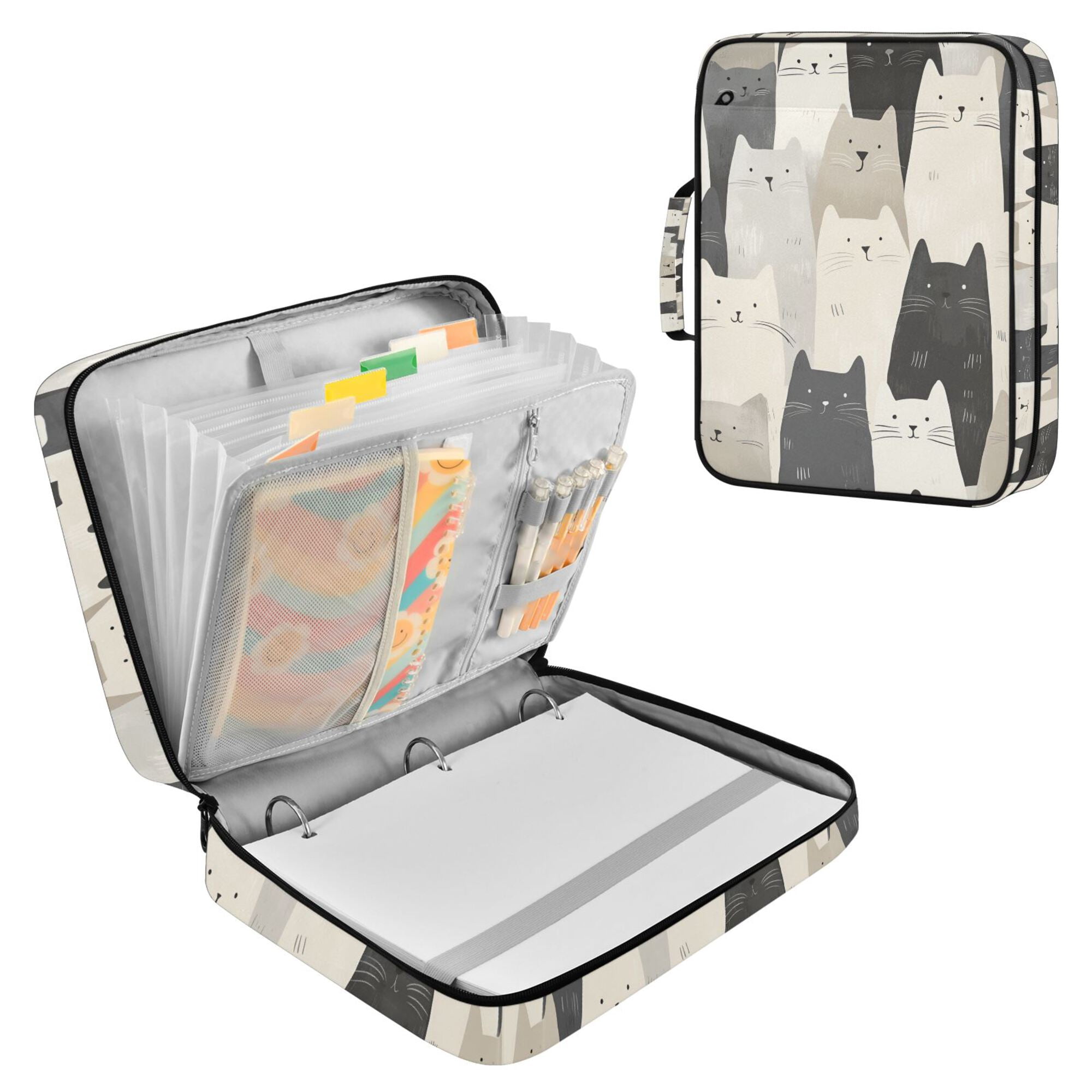 FORMRS Accordion File Folder A4 Size 7-Pocket Expanding Document Organizer Bag with 3 Ring Binder, White Cute Cats