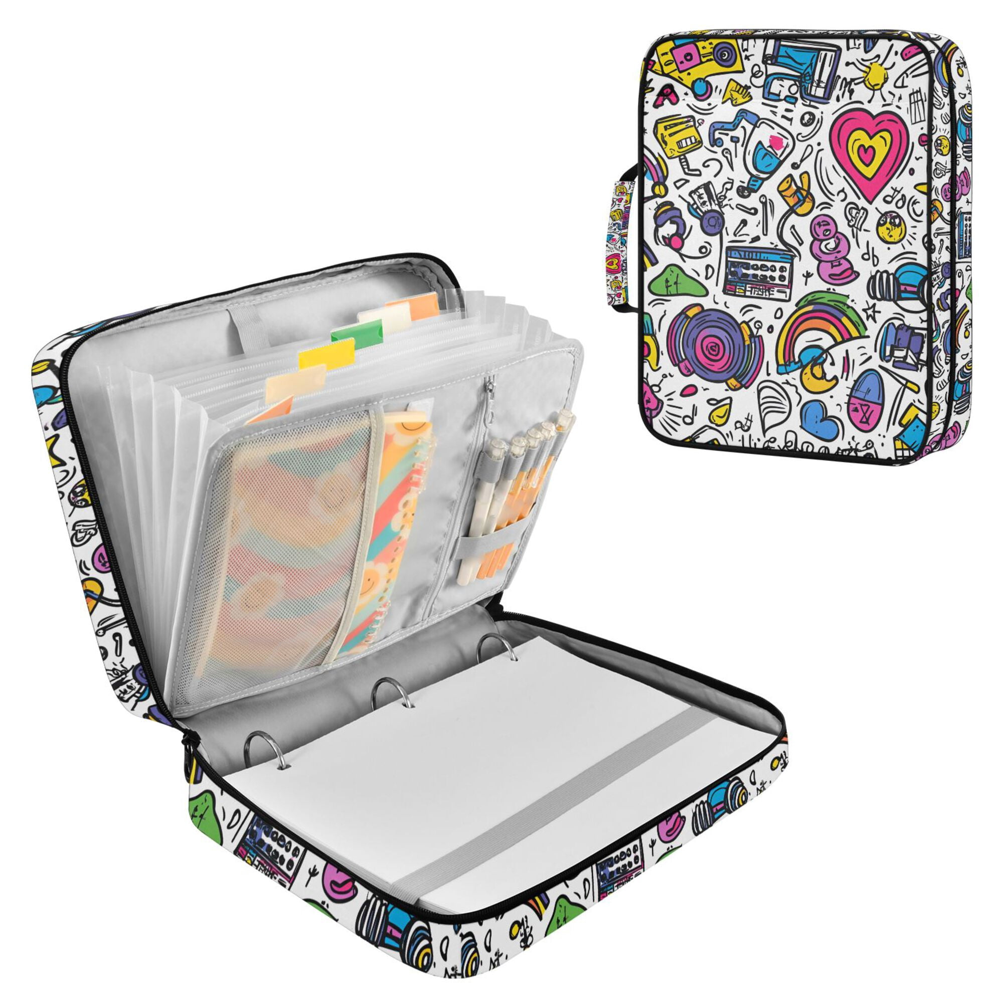 FORMRS Accordion File Folder A4 Size 7-Pocket Expanding Document Organizer Bag with 3 Ring Binder, White Doodle Pattern
