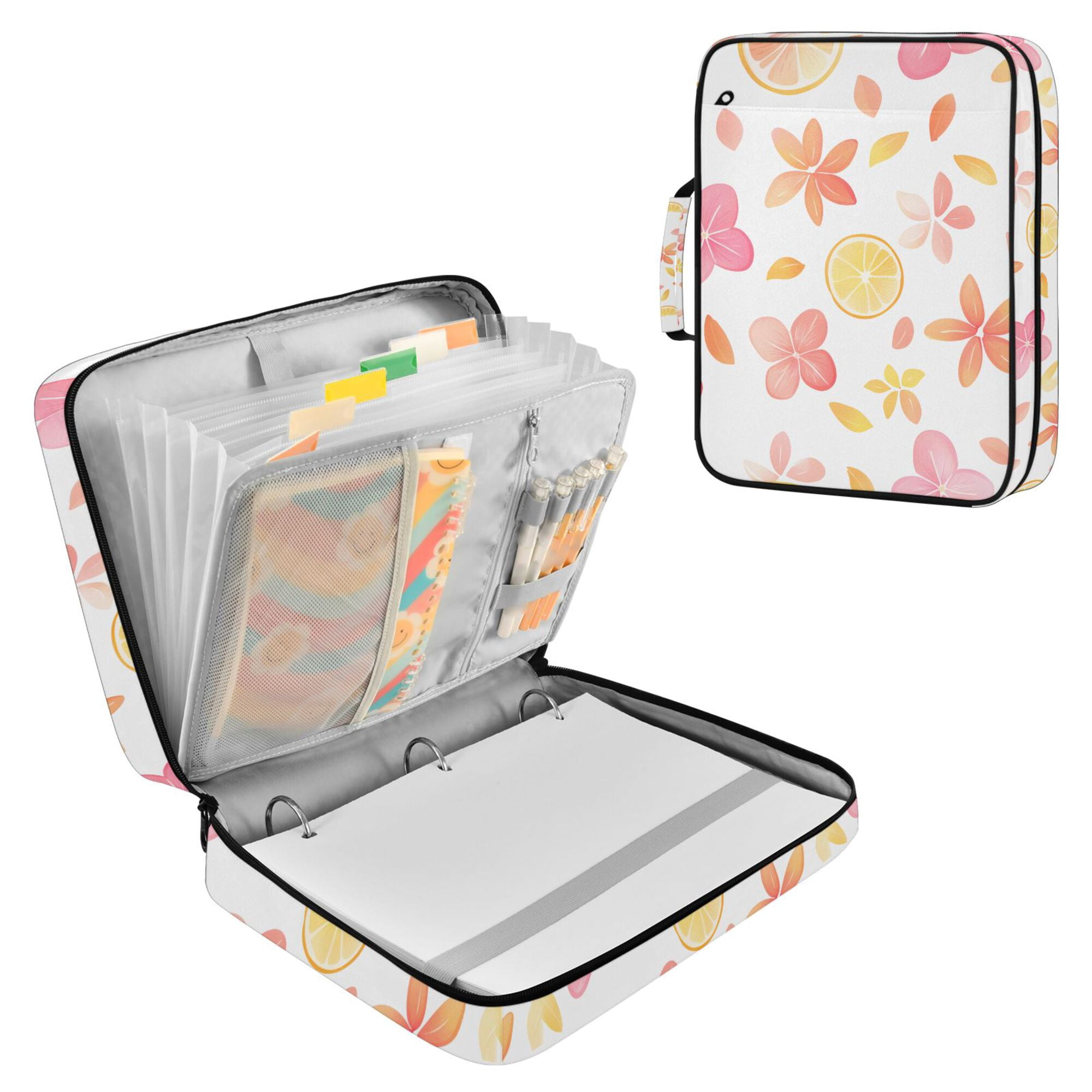 FORMRS Accordion File Folder A4 Size 7-Pocket Expanding Document Organizer Bag with 3 Ring Binder, White Floral Orange