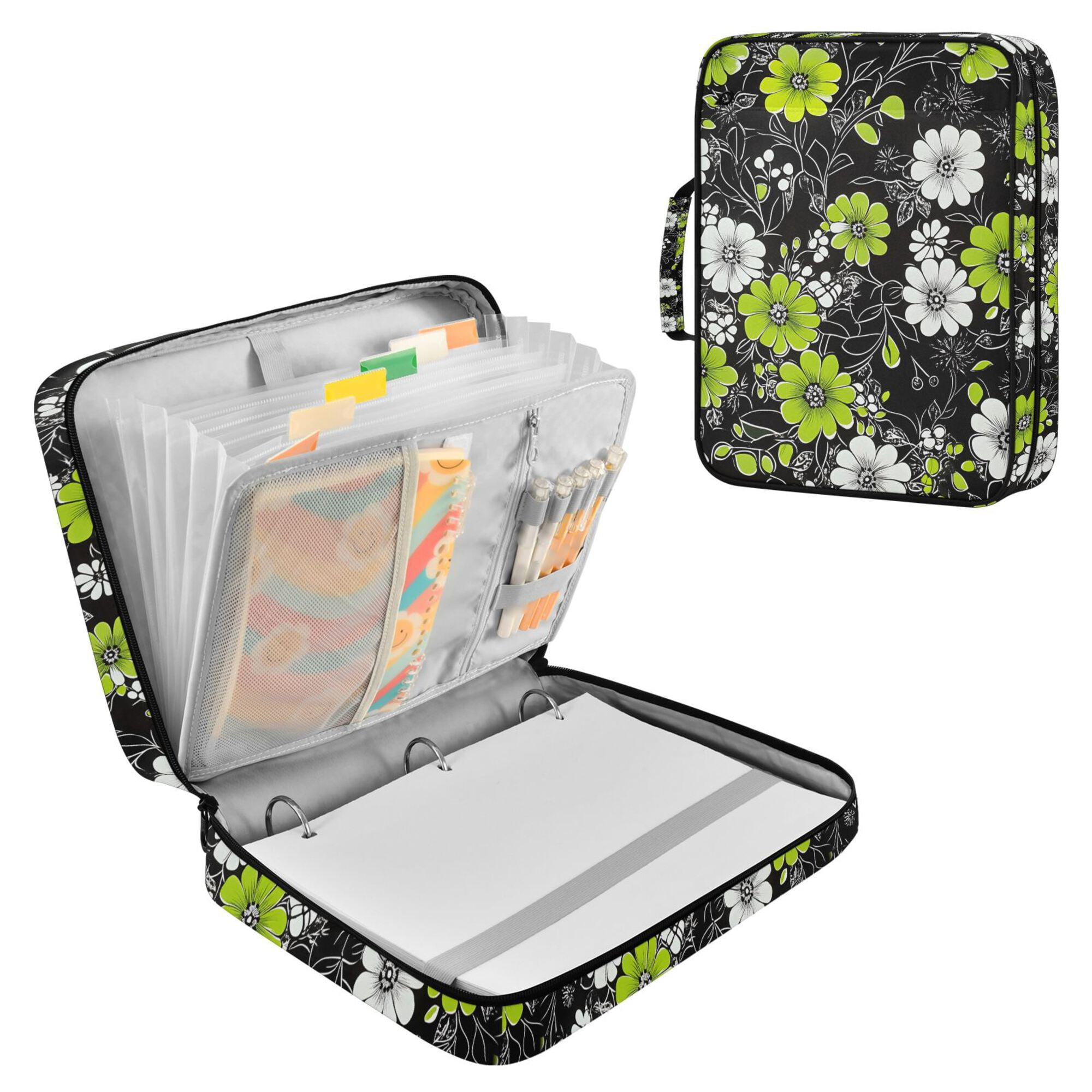 FORMRS Accordion File Folder A4 Size 7-Pocket Expanding Document Organizer Bag with 3 Ring Binder, White Flower Pattern