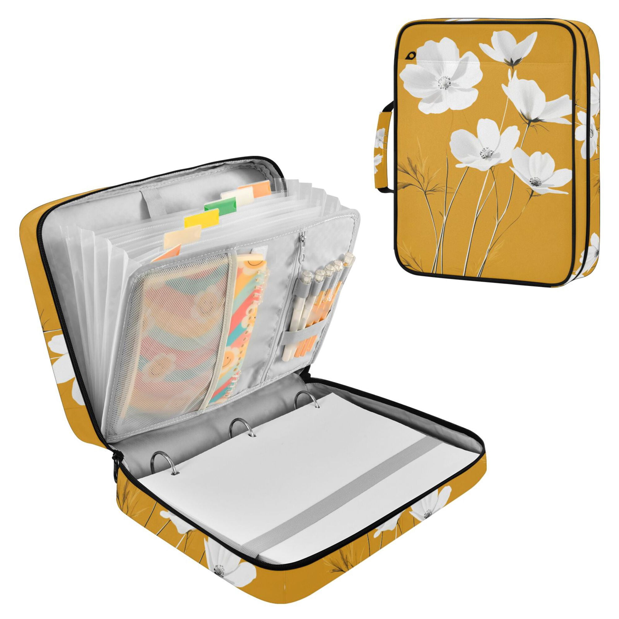 FORMRS Accordion File Folder A4 Size 7-Pocket Expanding Document Organizer Bag with 3 Ring Binder, White Flowers