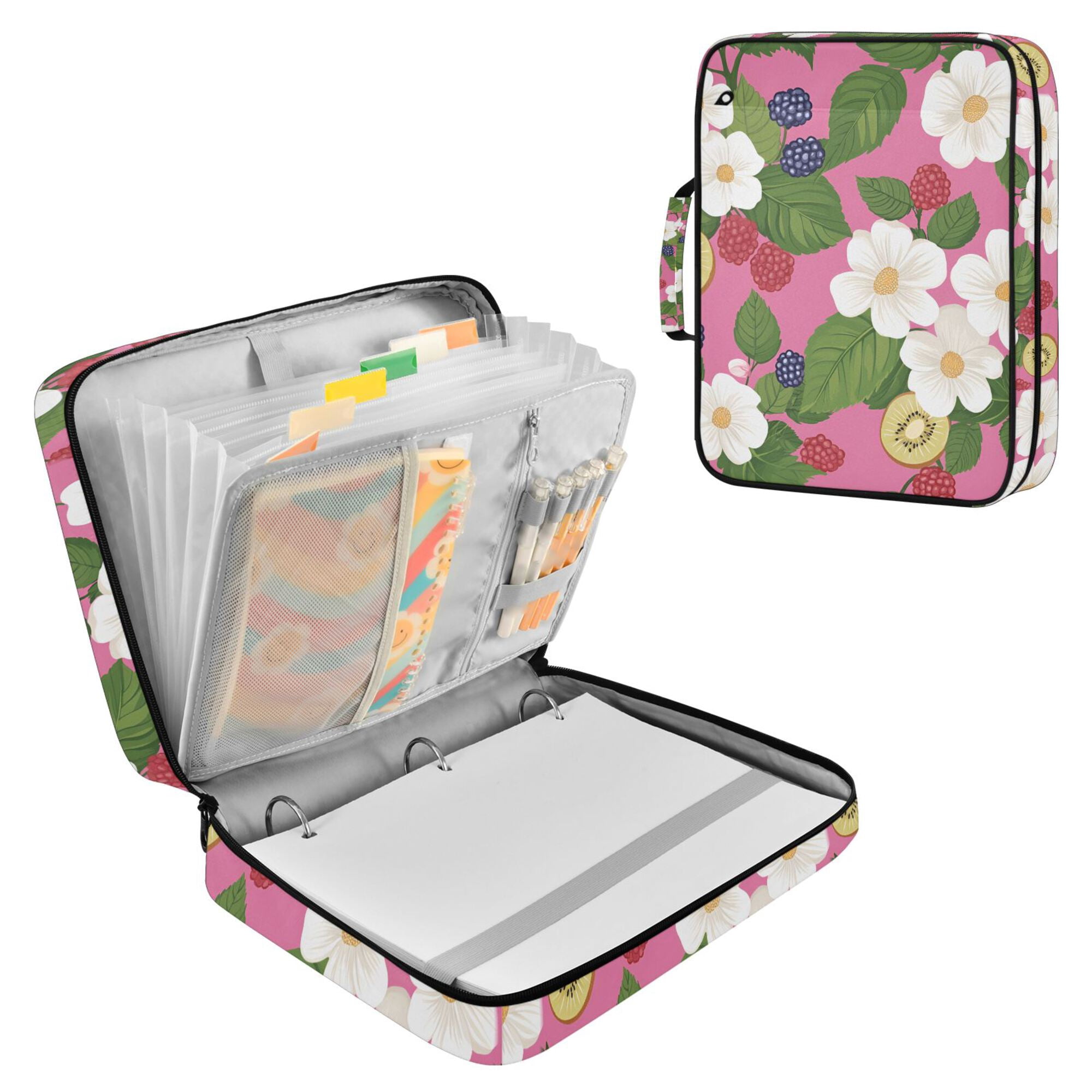 FORMRS Accordion File Folder A4 Size 7-Pocket Expanding Document Organizer Bag with 3 Ring Binder, White Flowers