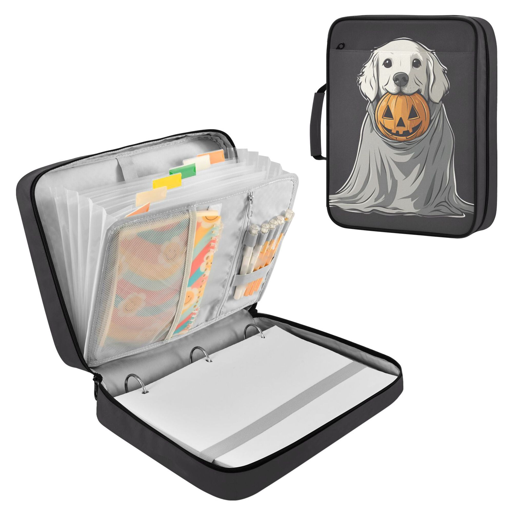 FORMRS Accordion File Folder A4 Size 7-Pocket Expanding Document Organizer Bag with 3 Ring Binder, White Halloween Dog