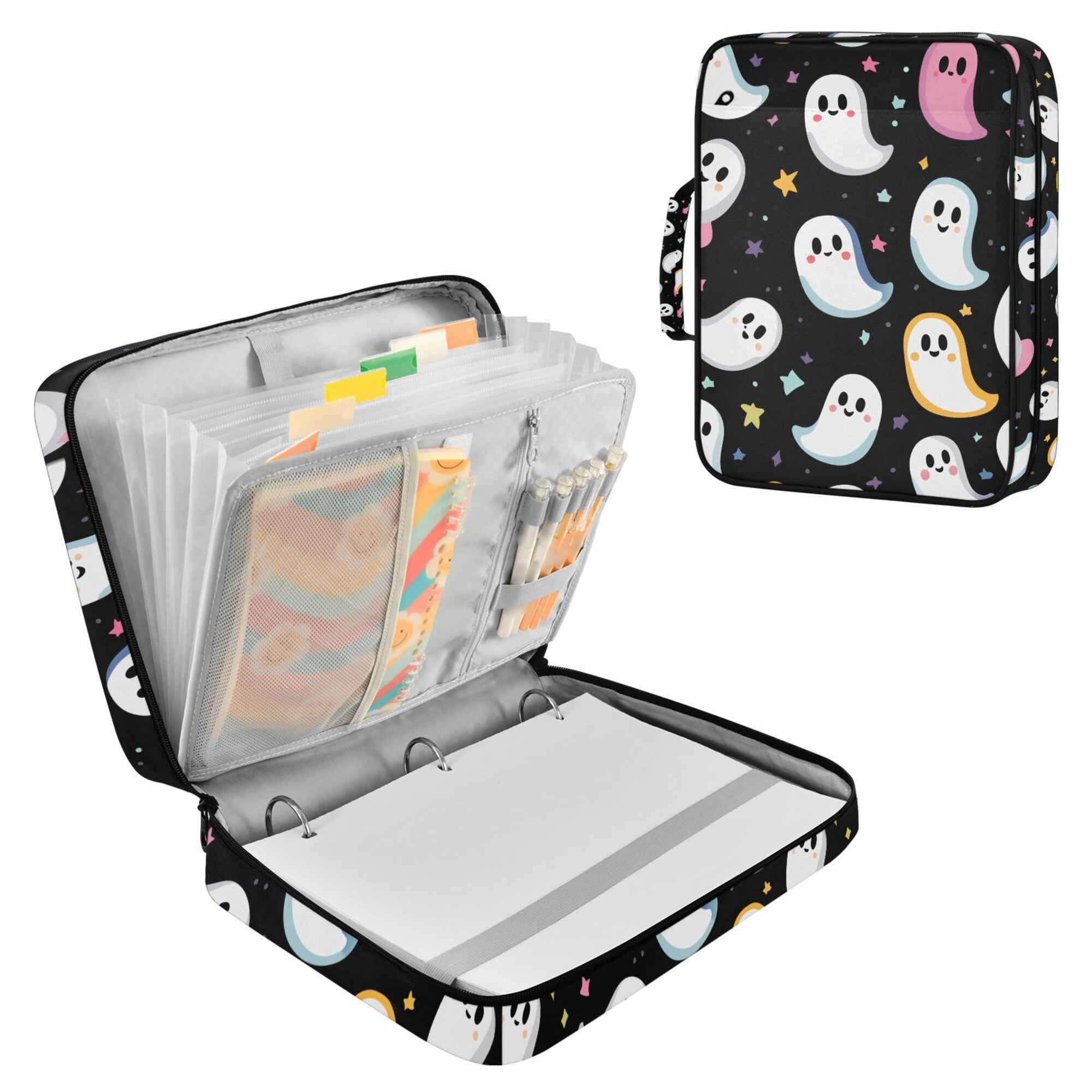 FORMRS Accordion File Folder A4 Size 7-Pocket Expanding Document Organizer Bag with 3 Ring Binder, White Halloween Ghost
