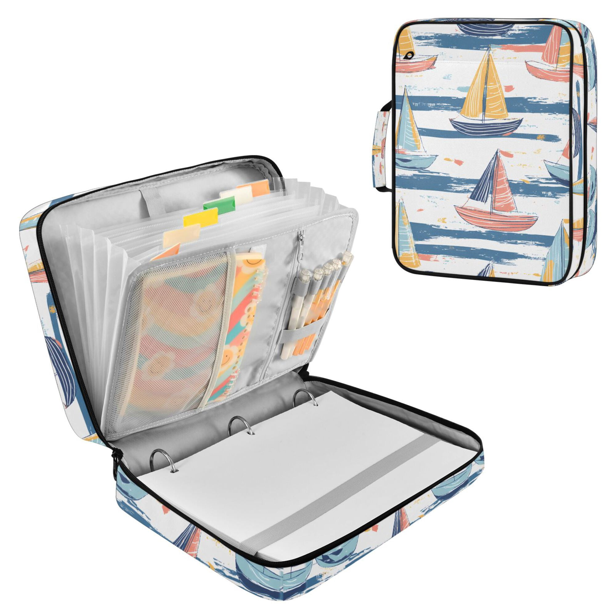 FORMRS Accordion File Folder A4 Size 7-Pocket Expanding Document Organizer Bag with 3 Ring Binder, White Hand Drawn Sailboats