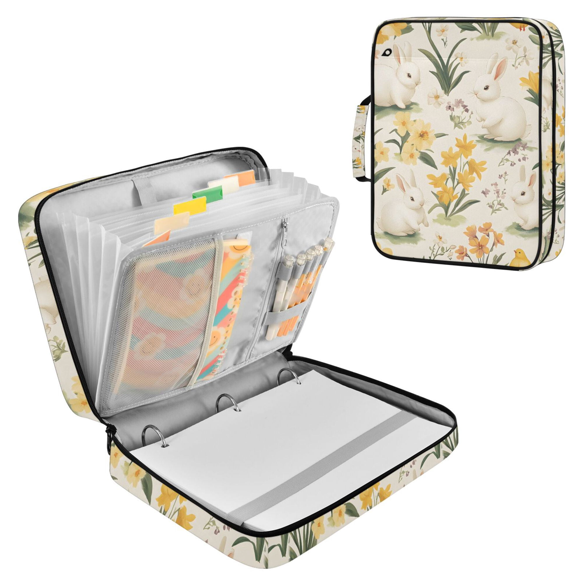 FORMRS Accordion File Folder A4 Size 7-Pocket Expanding Document Organizer Bag with 3 Ring Binder, White Rabbits