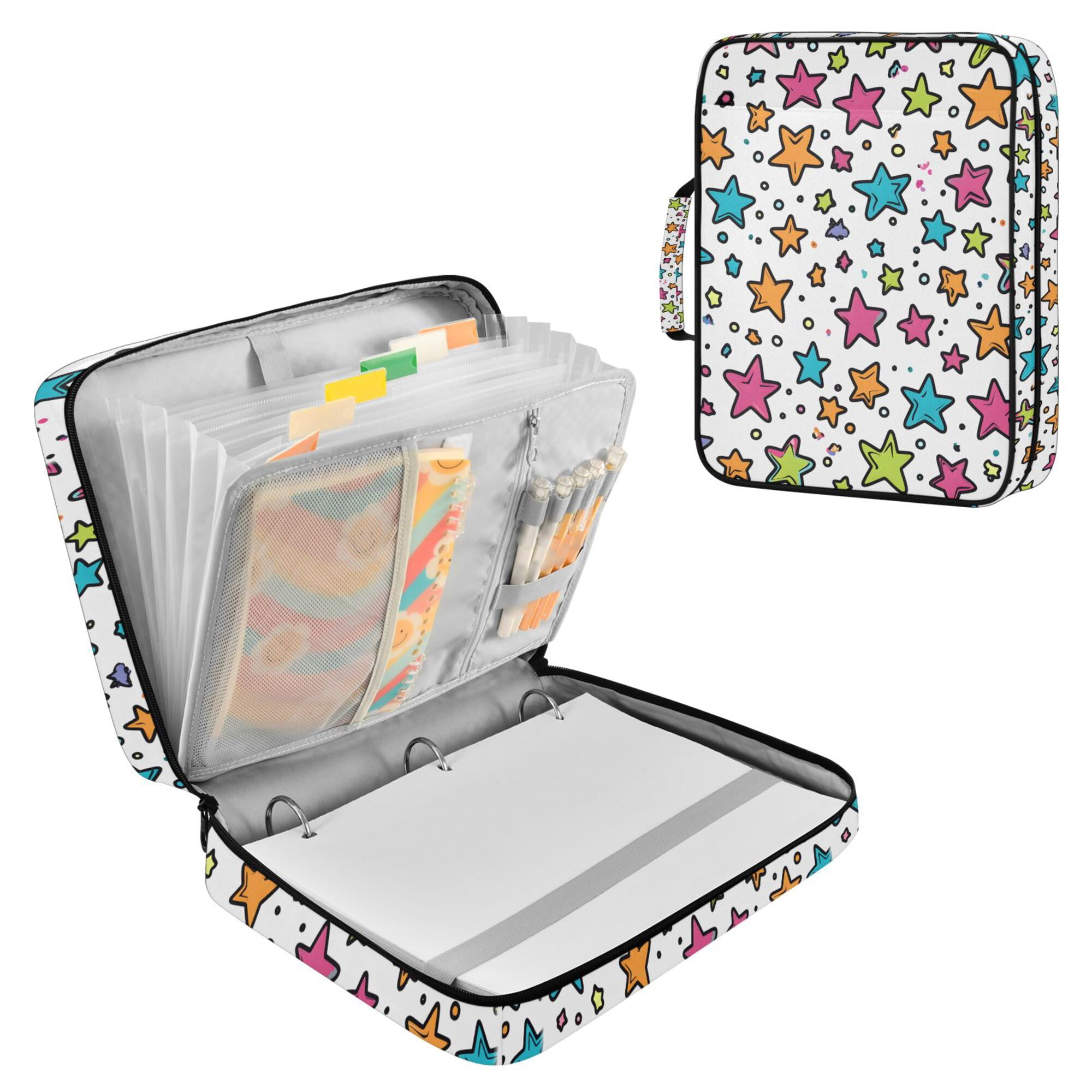 FORMRS Accordion File Folder A4 Size 7-Pocket Expanding Document Organizer Bag with 3 Ring Binder, White Stars
