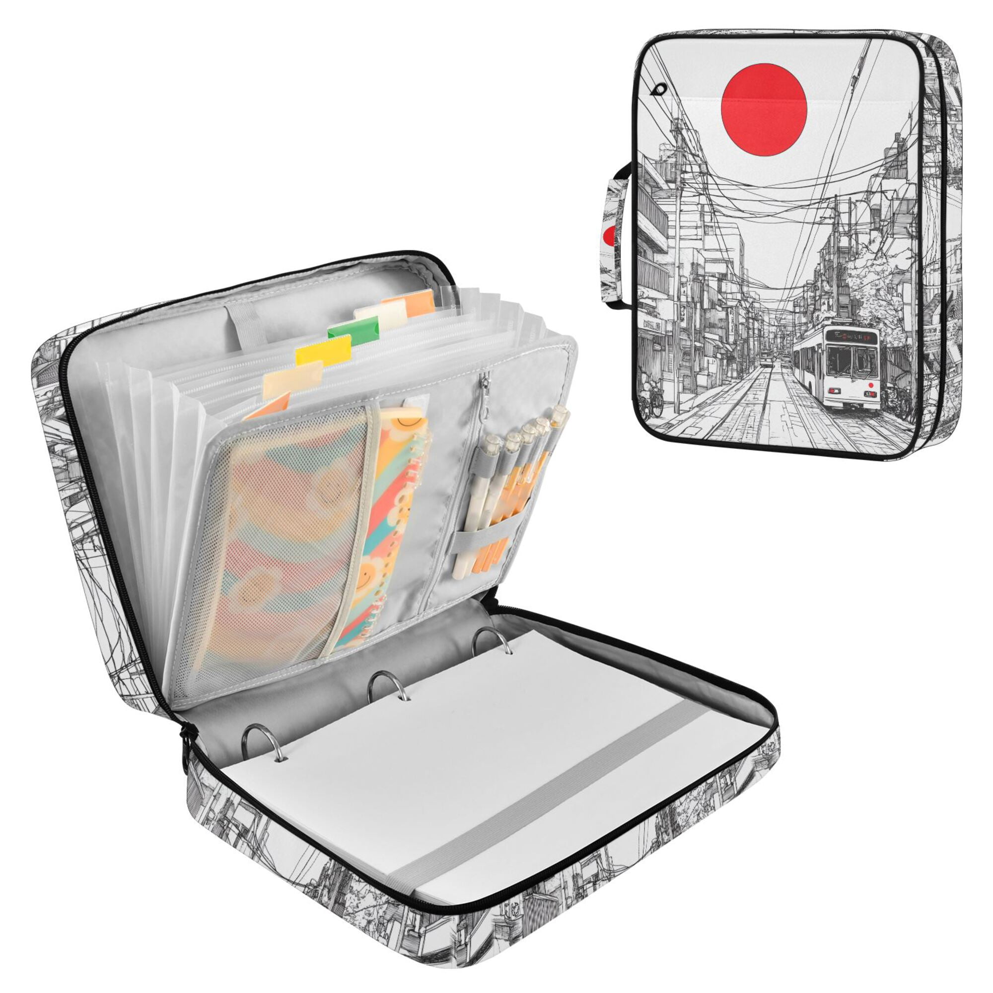 FORMRS Accordion File Folder A4 Size 7-Pocket Expanding Document Organizer Bag with 3 Ring Binder, White Streets