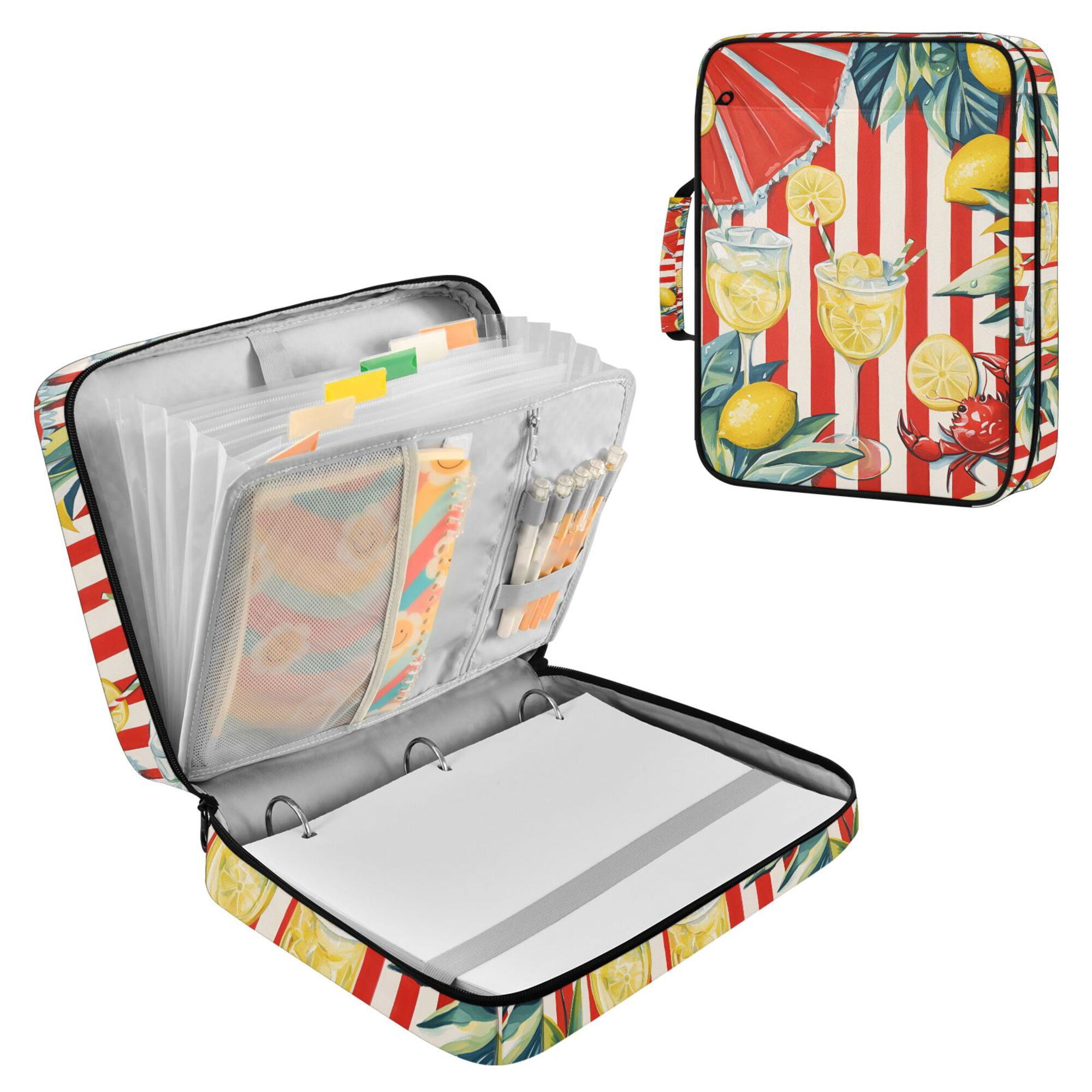 FORMRS Accordion File Folder A4 Size 7-Pocket Expanding Document Organizer Bag with 3 Ring Binder, White Striped Lemon