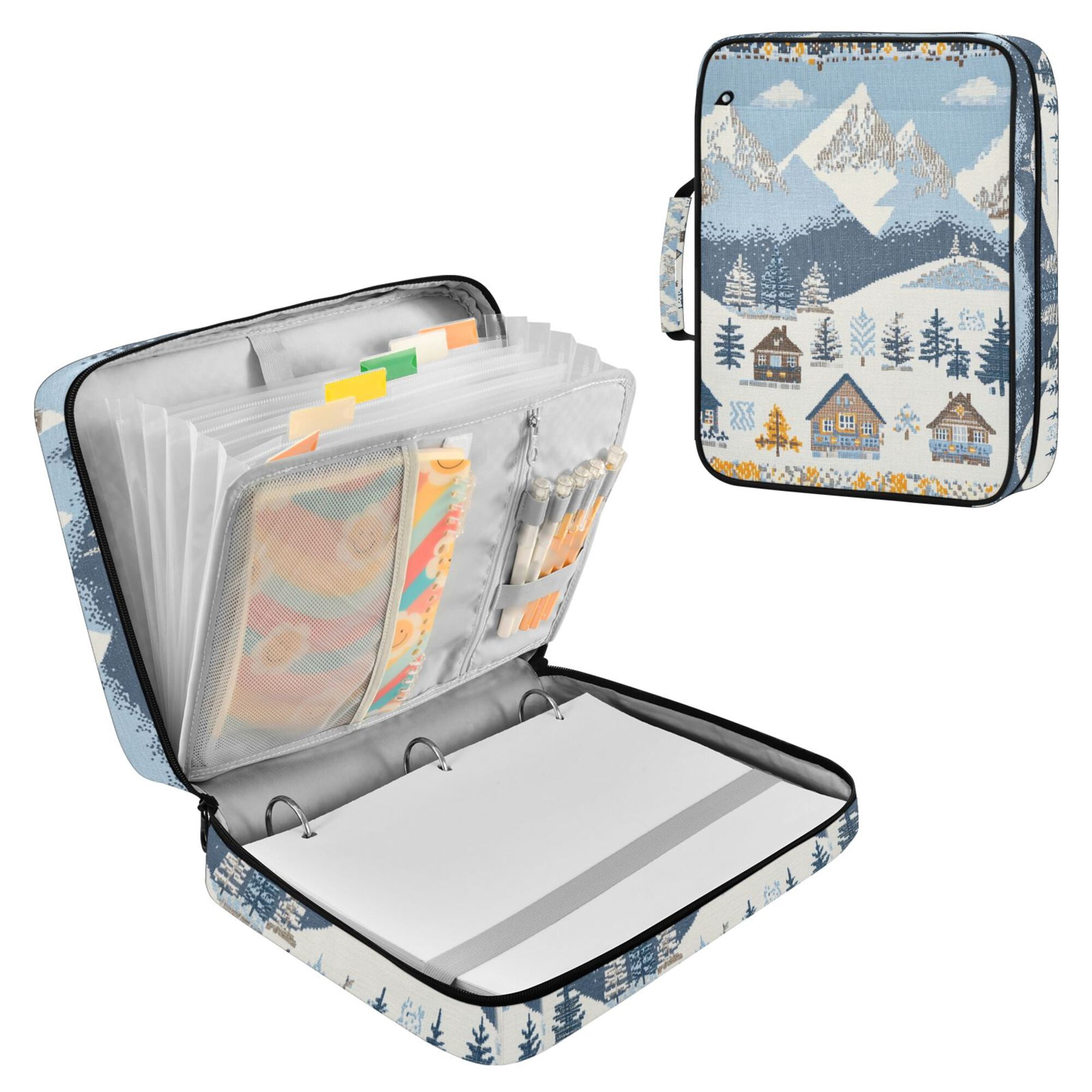FORMRS Accordion File Folder A4 Size 7-Pocket Expanding Document Organizer Bag with 3 Ring Binder, Winter Village Serenity